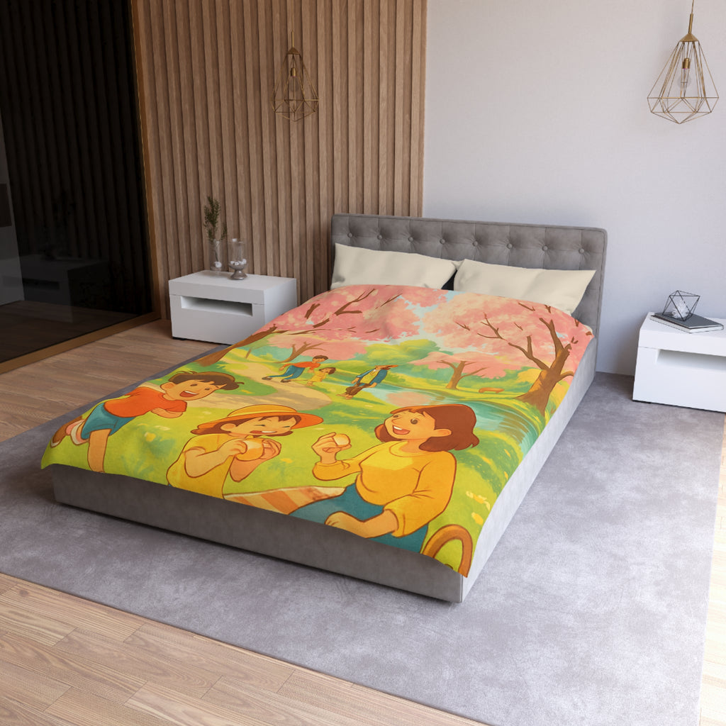 Housse de Couette Printanière avec Scène de Pique-nique Sous Cerisiers en Fleurs