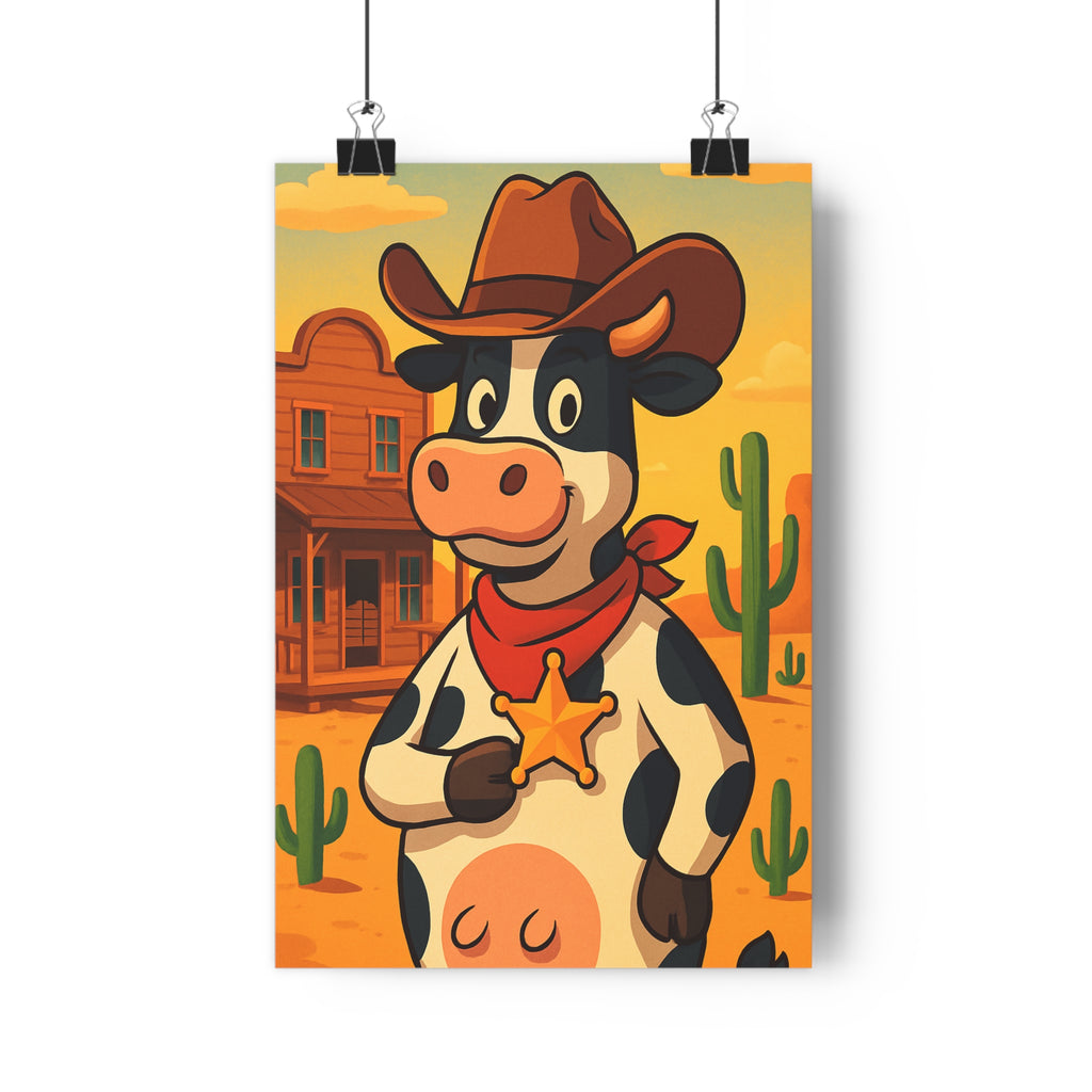 Poster décoratif cartoon vache western jaune orange joyeux chambre enfant cowboy cactus shérif désertique