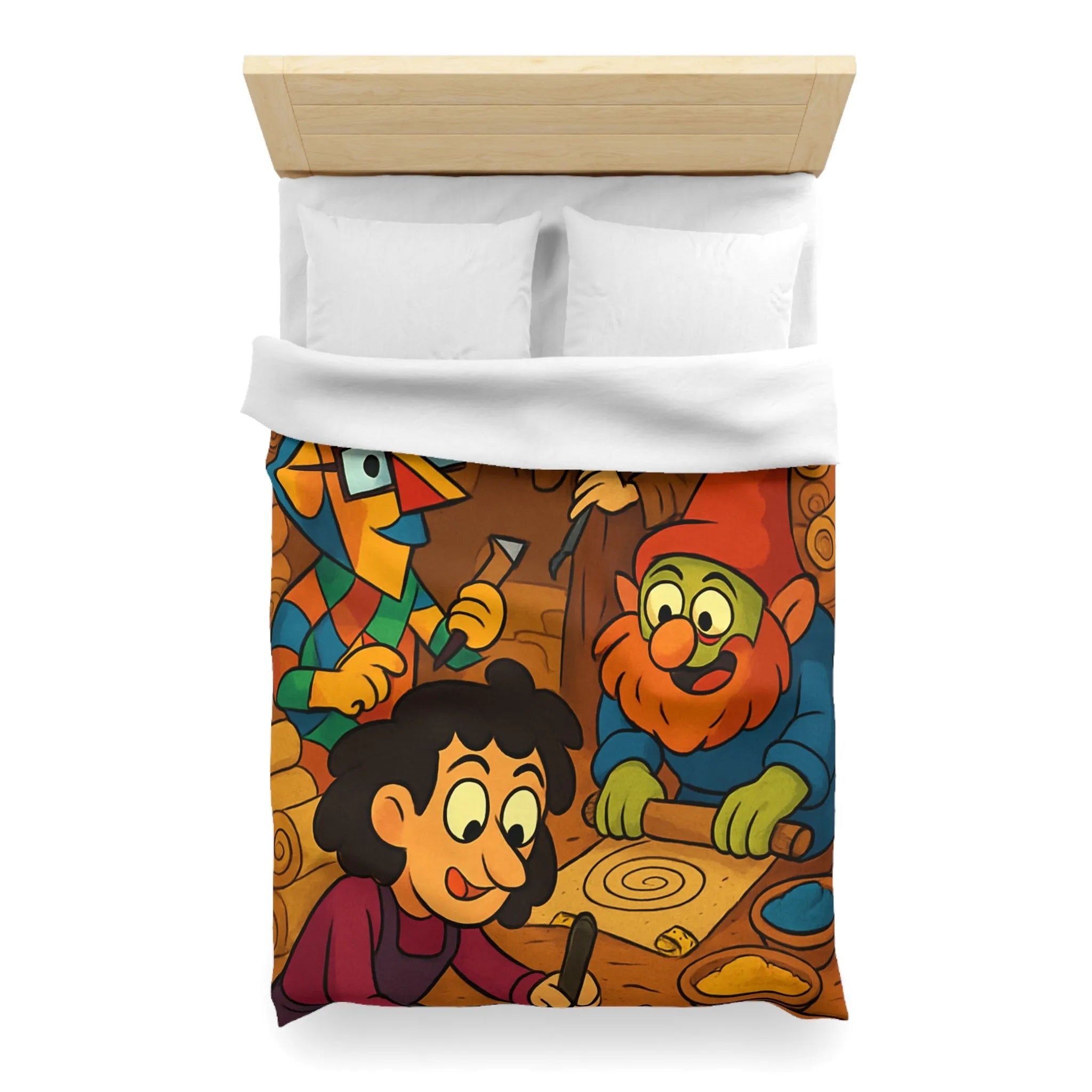 Housse de couette illustrée ambiance atelier fantasy avec gnomes et textures chaleureuses colorées