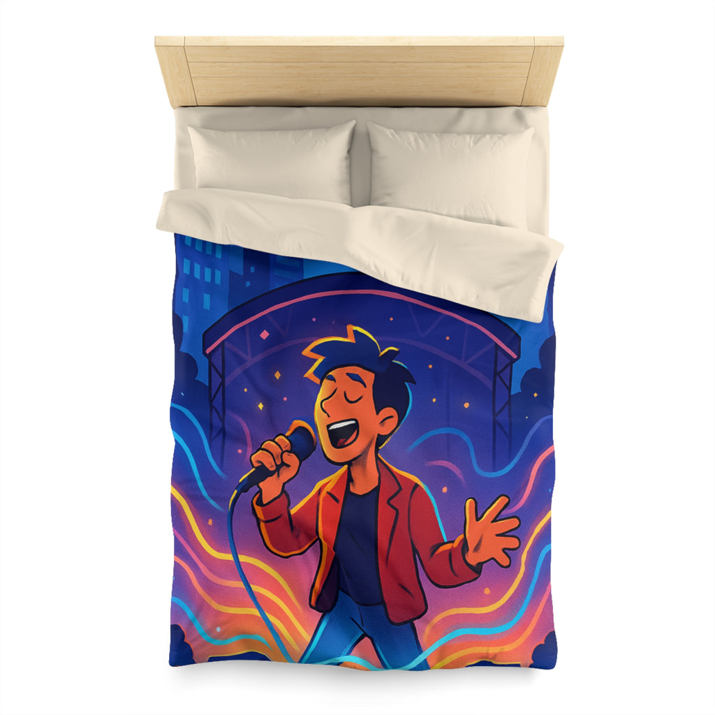 Housse de couette scène vibrante de concert nocturne avec chanteur et couleurs éclatantes