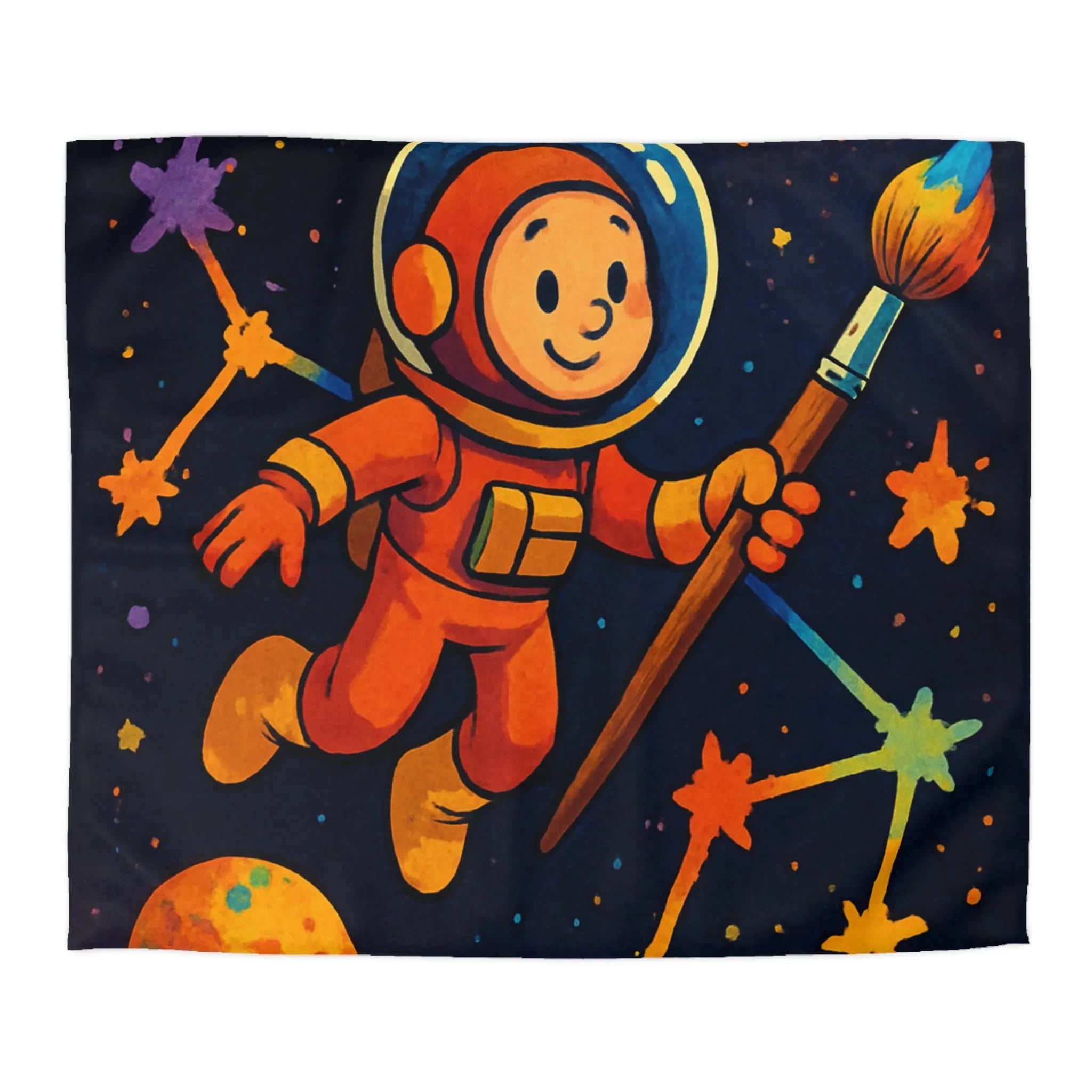 Housse de couette enfant : astronaute, peintre de l'univers, planètes colorées et célestes étoiles