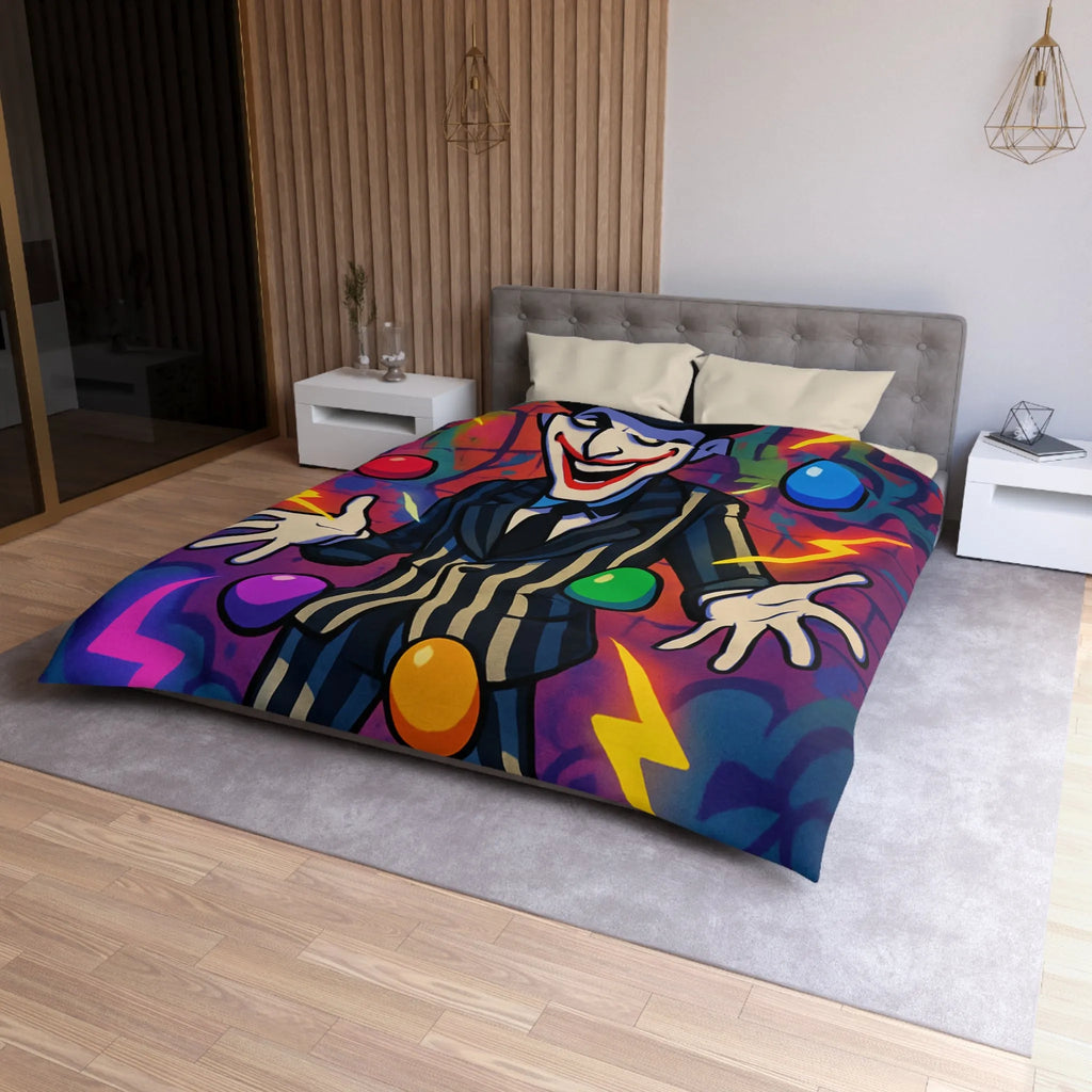 Housse de couette clown rayé jonglant avec des éclairs et des formes colorées