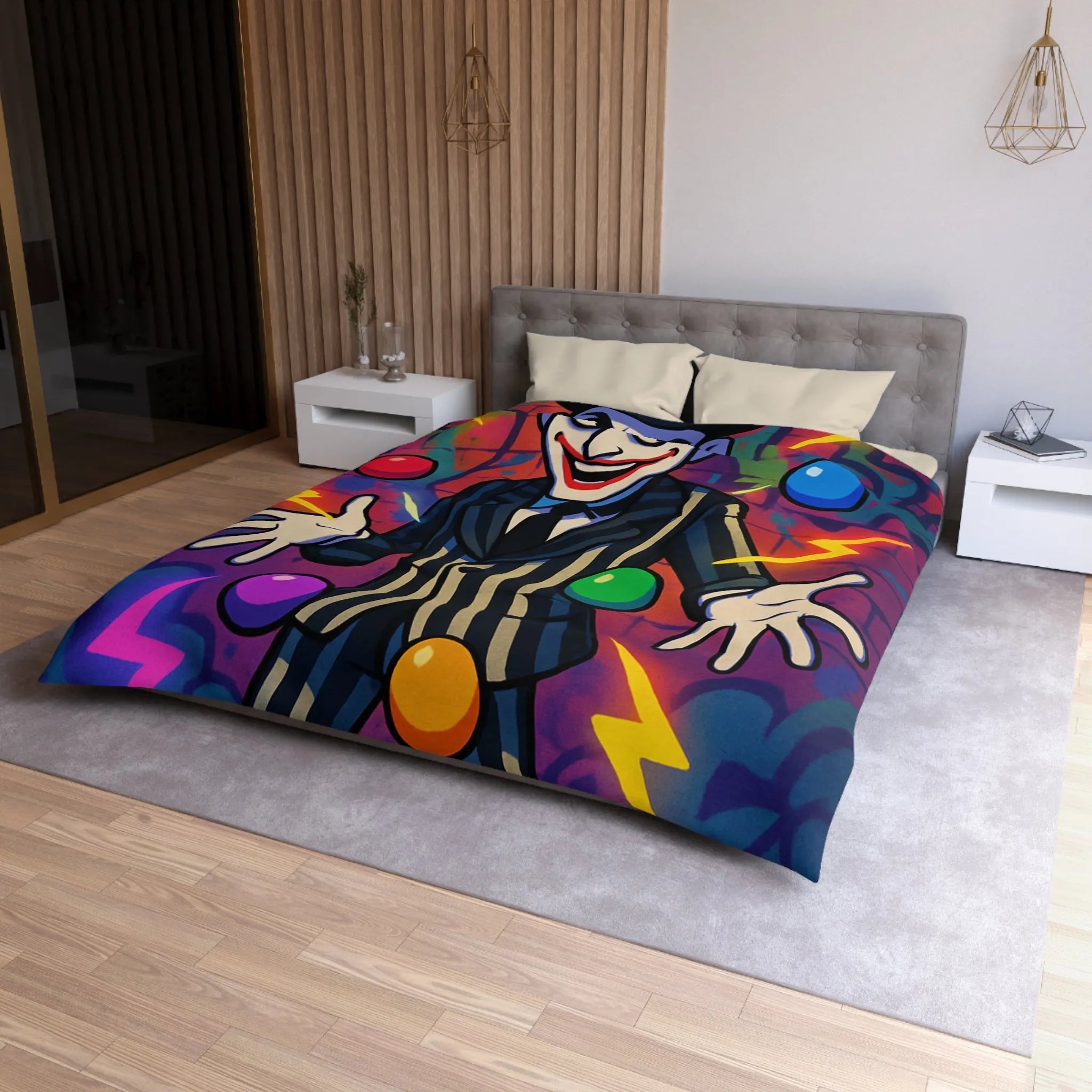 Housse de couette clown rayé jonglant avec des éclairs et des formes colorées