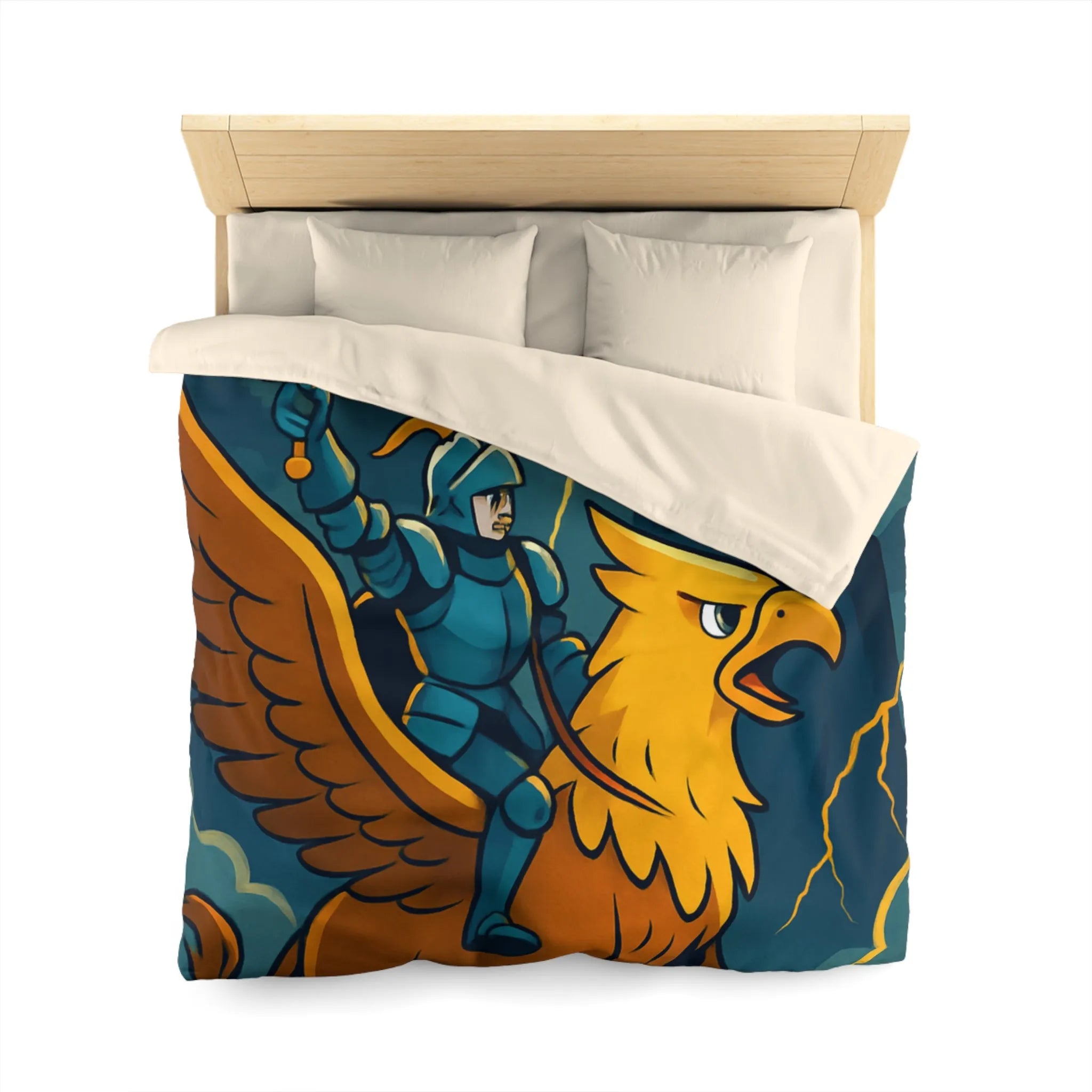 Housse de Couette Fantaisie avec Chevalier et Griffon Volant Devant Château Mystérieux