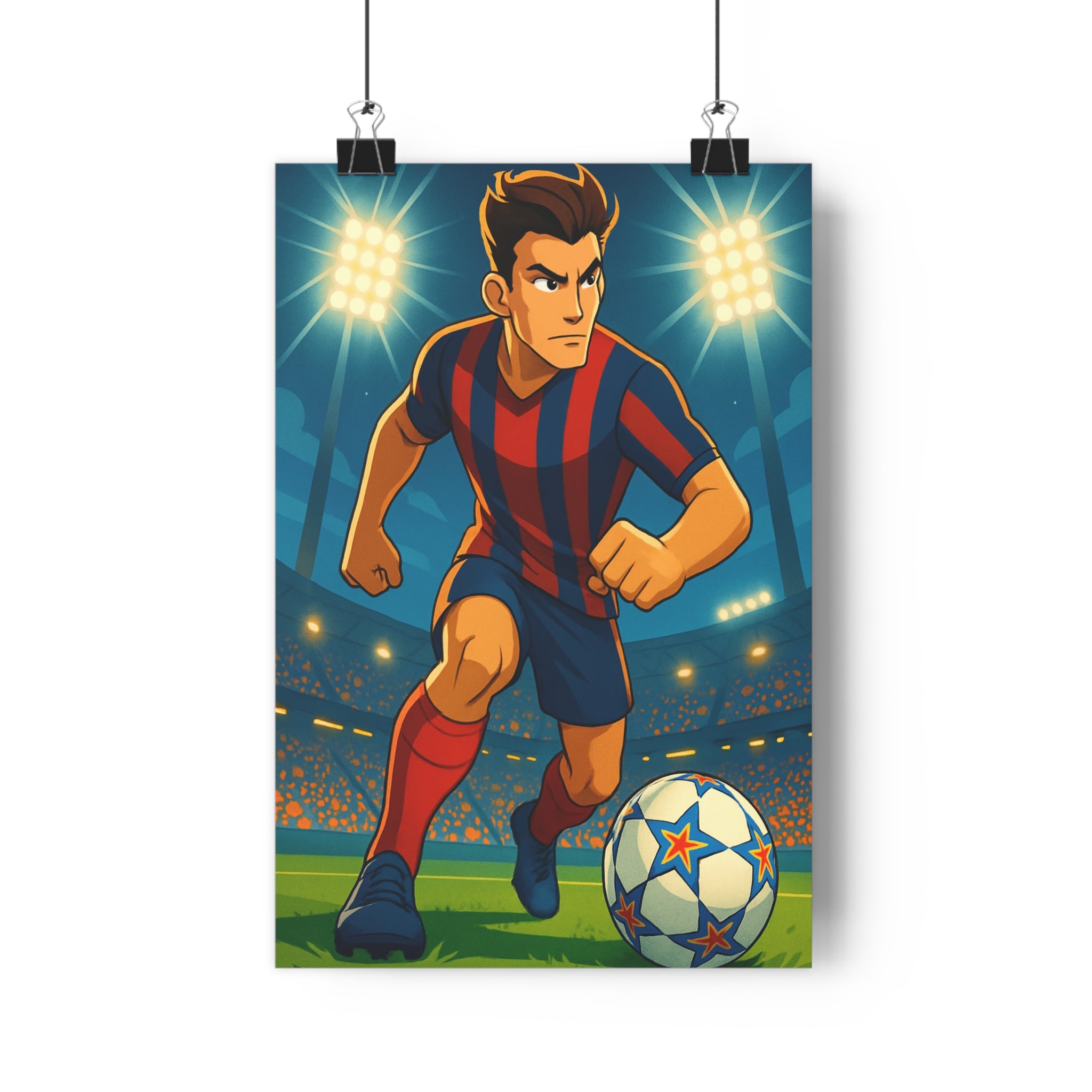Poster décoratif football dessin animé bleu rouge vibrant enfant dynamique sport action stade chambre