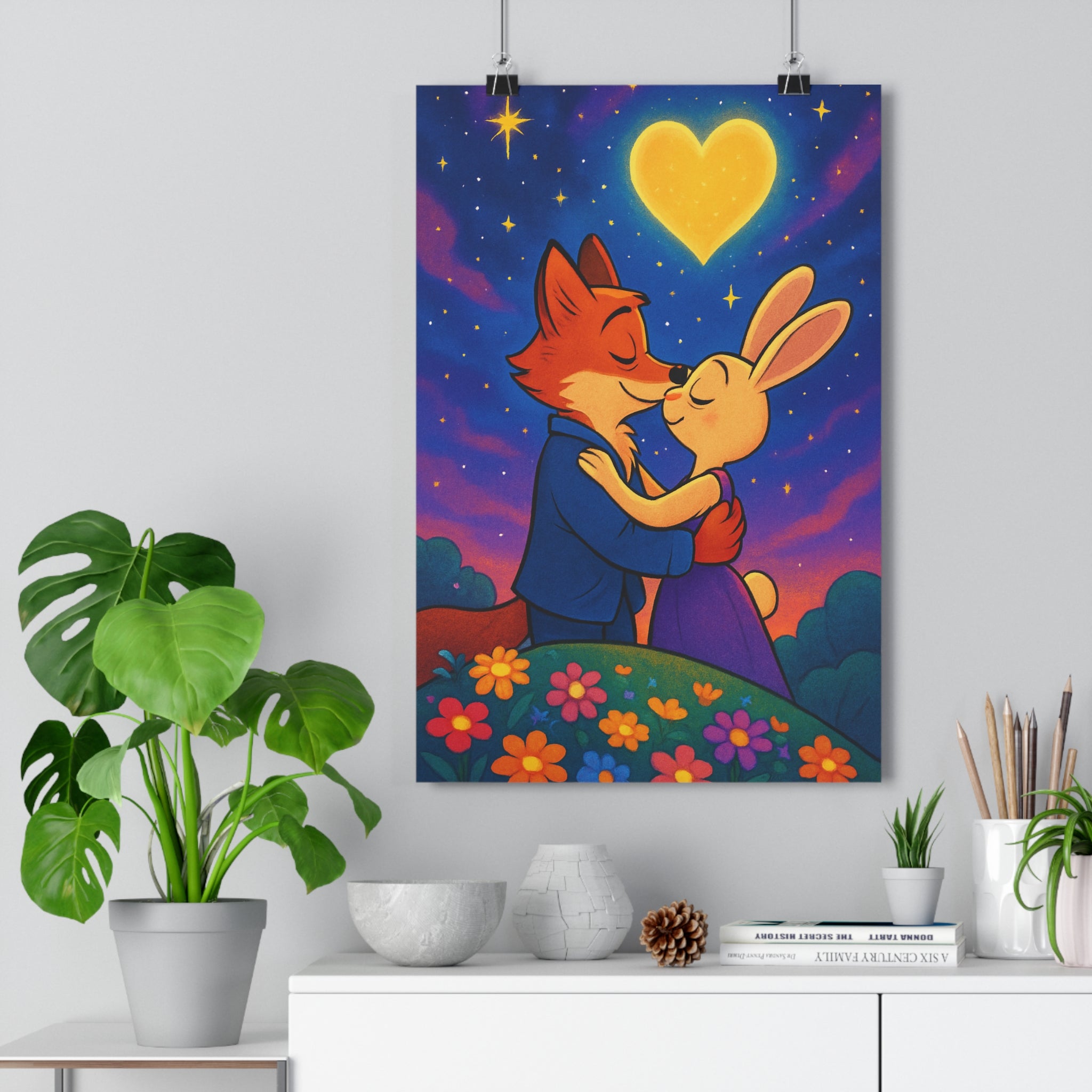 Poster décoratif cartoon romantique coloré renard lapin ciel étoilé chambre enfant salon gaieté qualité