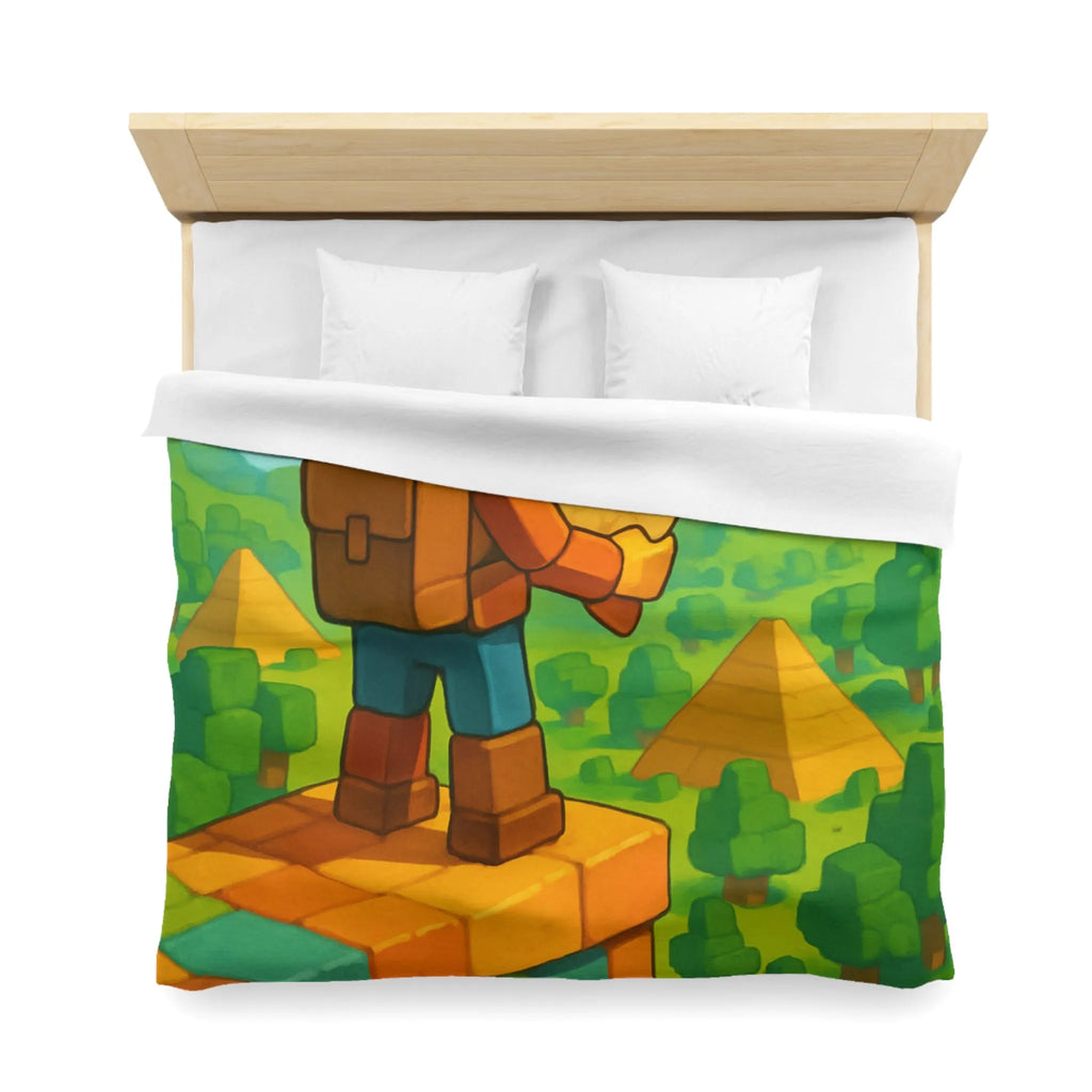 Housse de Couette Ludique Aventure Pixelisée Explorateur Carte Forêt Pyramide Enfant