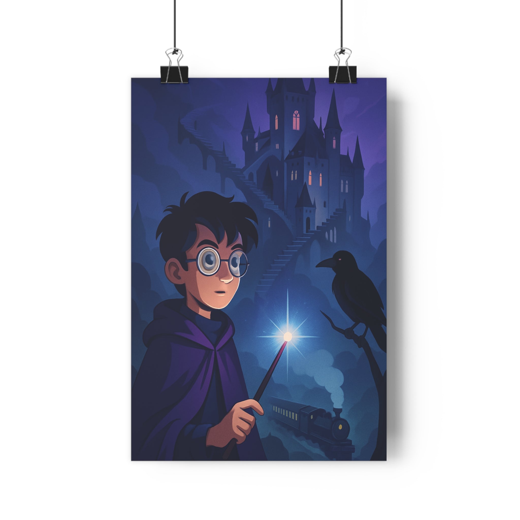 Poster décoratif sorcier mystique violet bleu château aventure nocturne chambre bureau enfant original qualité