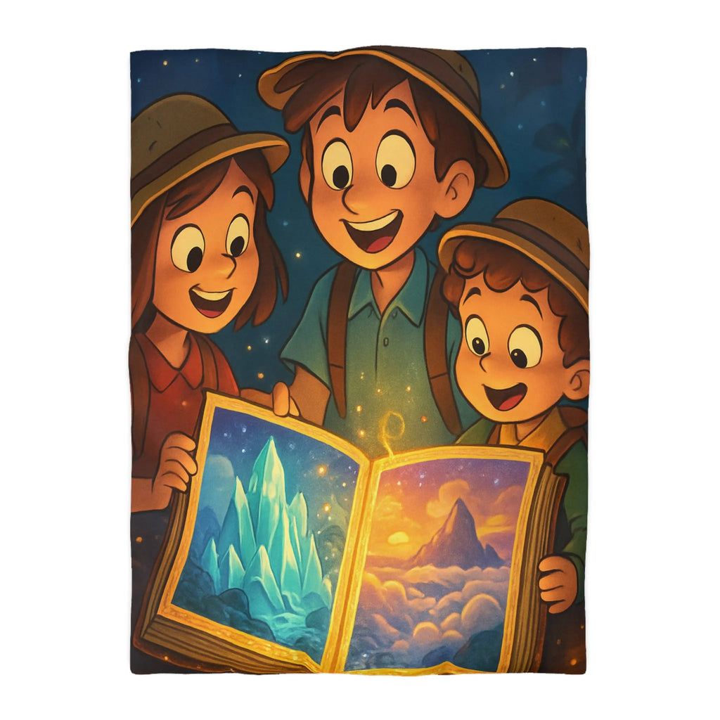 Housse de couette magique avec enfants explorant livre lumineux sous ciel étoilé