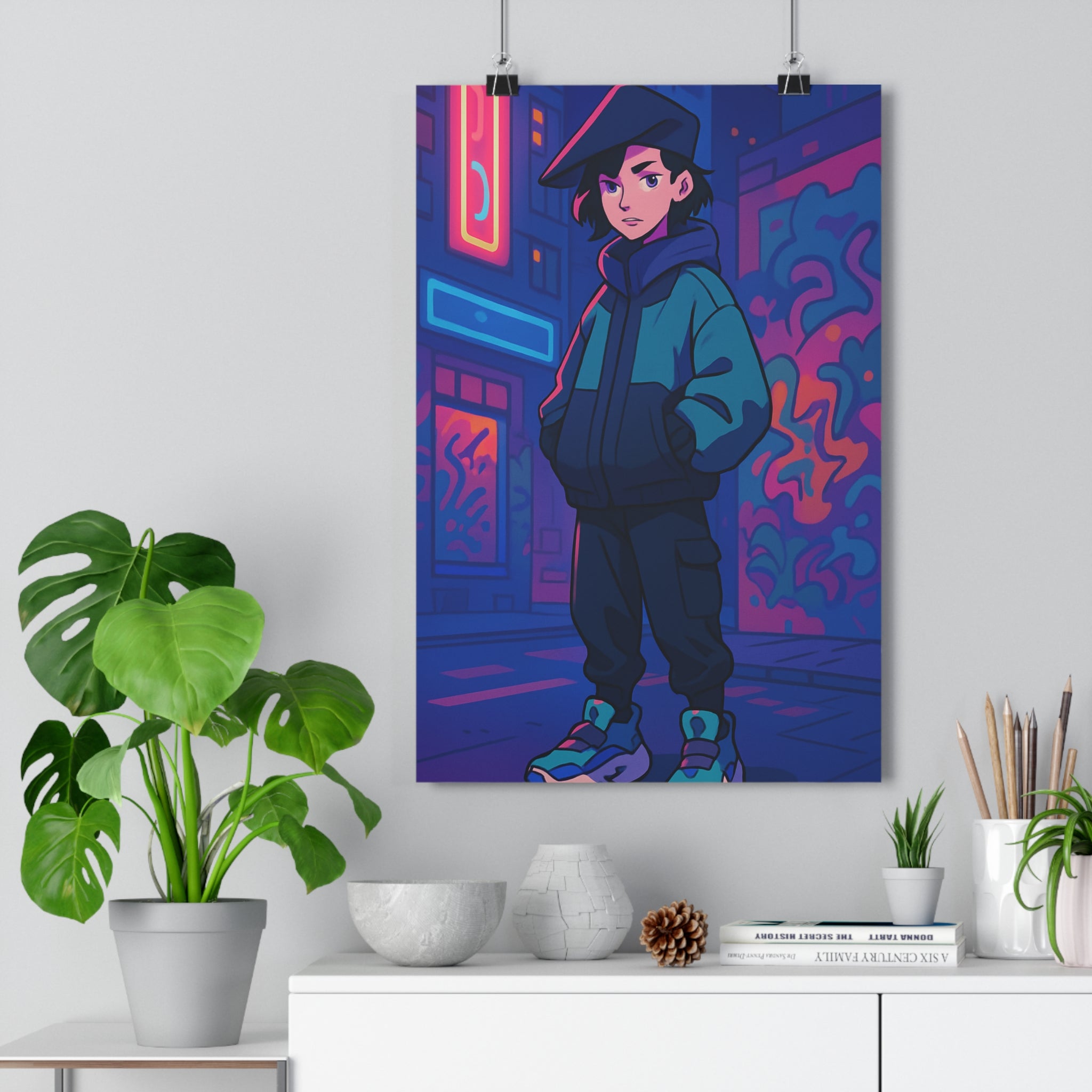 Poster décoratif anime bleu rose urbain moderne dynamique chambre salon tendance contemporain vibrant unique
