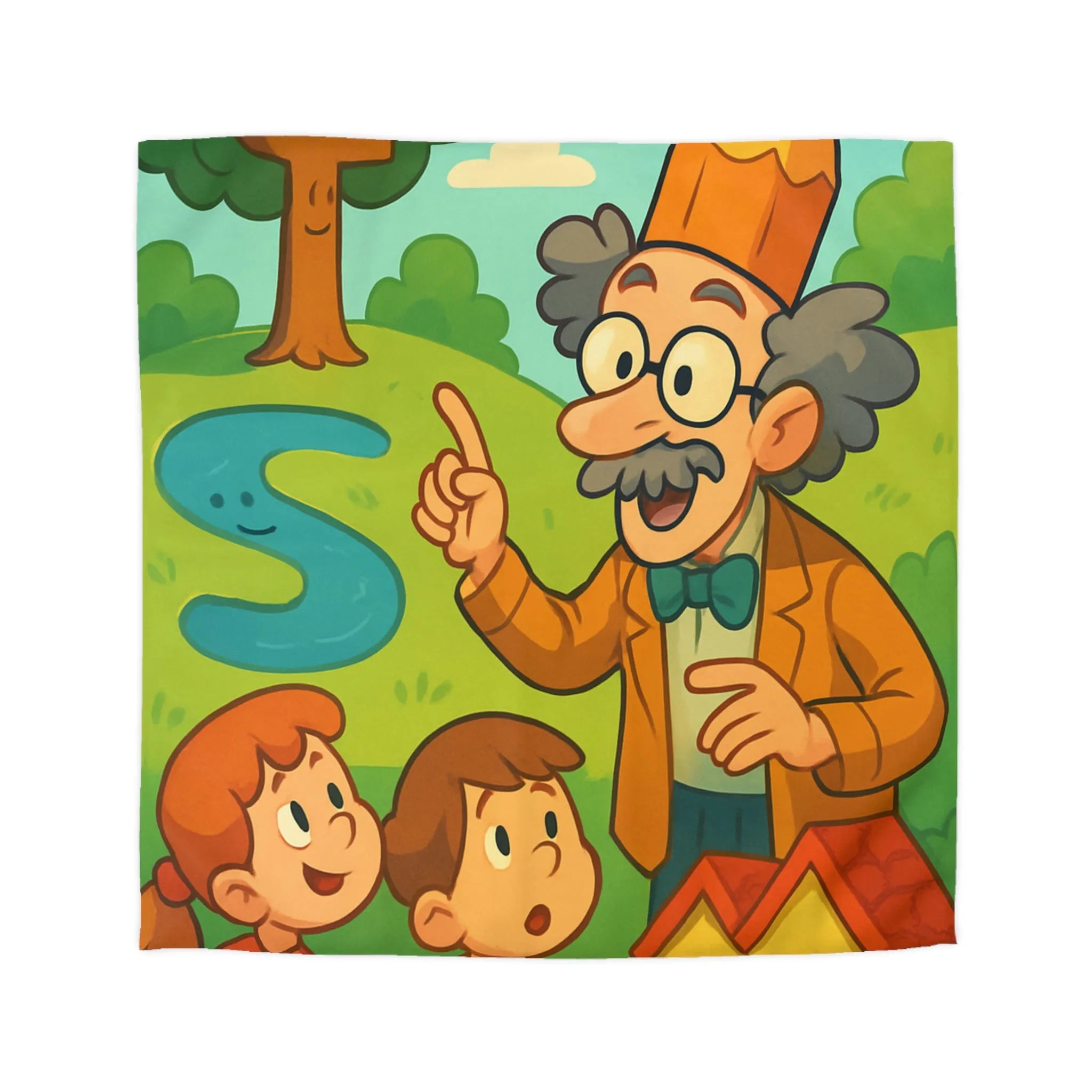 Housse de couette colorée avec un professeur et enfants dans un paysage enchanteur