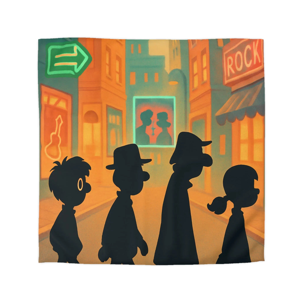 Housse de couette illustrée avec silhouettes sur passage piéton en ville animée colorée