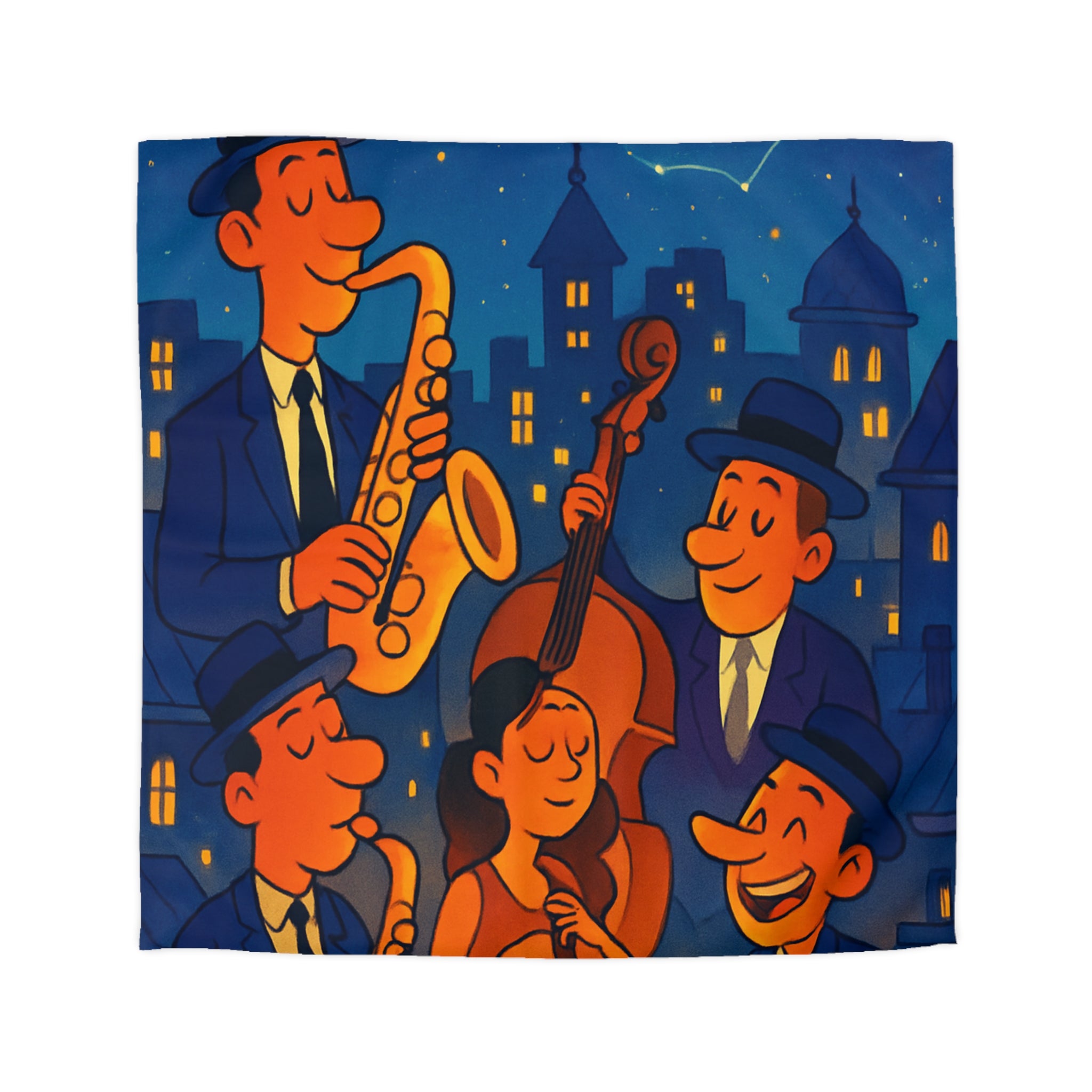 Housse de Couette pour Passionnés de Jazz avec Musiciens et Ciel Étoilé Vibrant