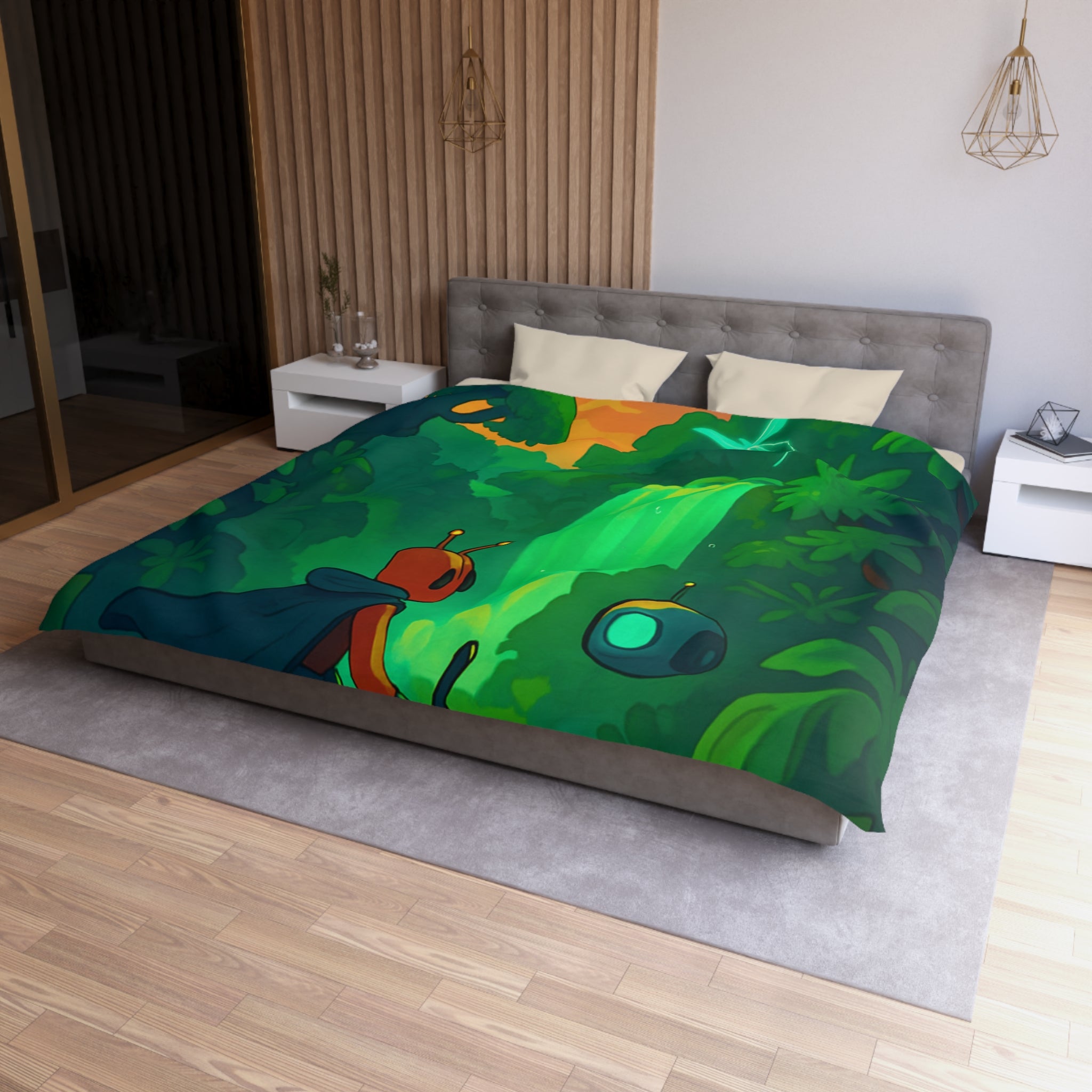 Housse de couette vibrante avec paysage extraterrestre mystérieux et personnage aventurier