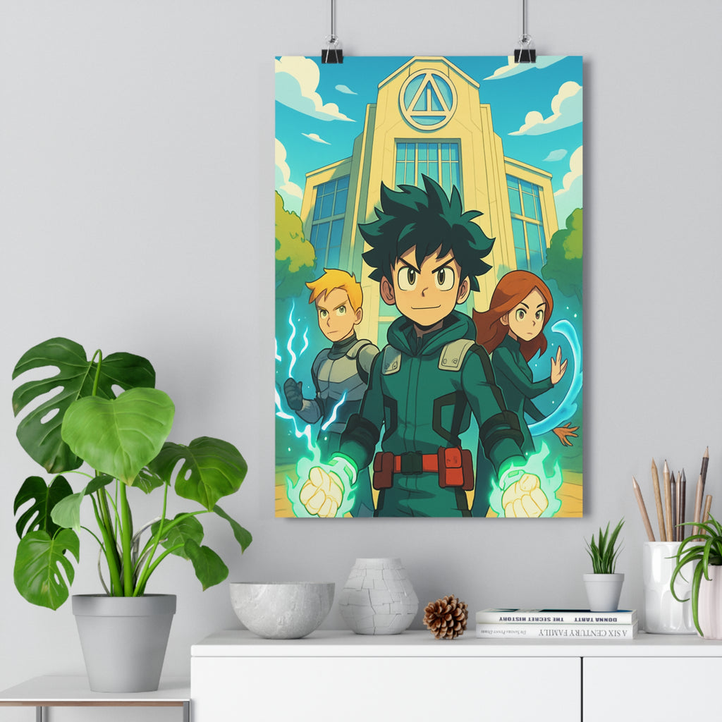 Poster décoratif fantastique vert bleu chambre enfant aventure héros énergie lumineux style vibrant qualité