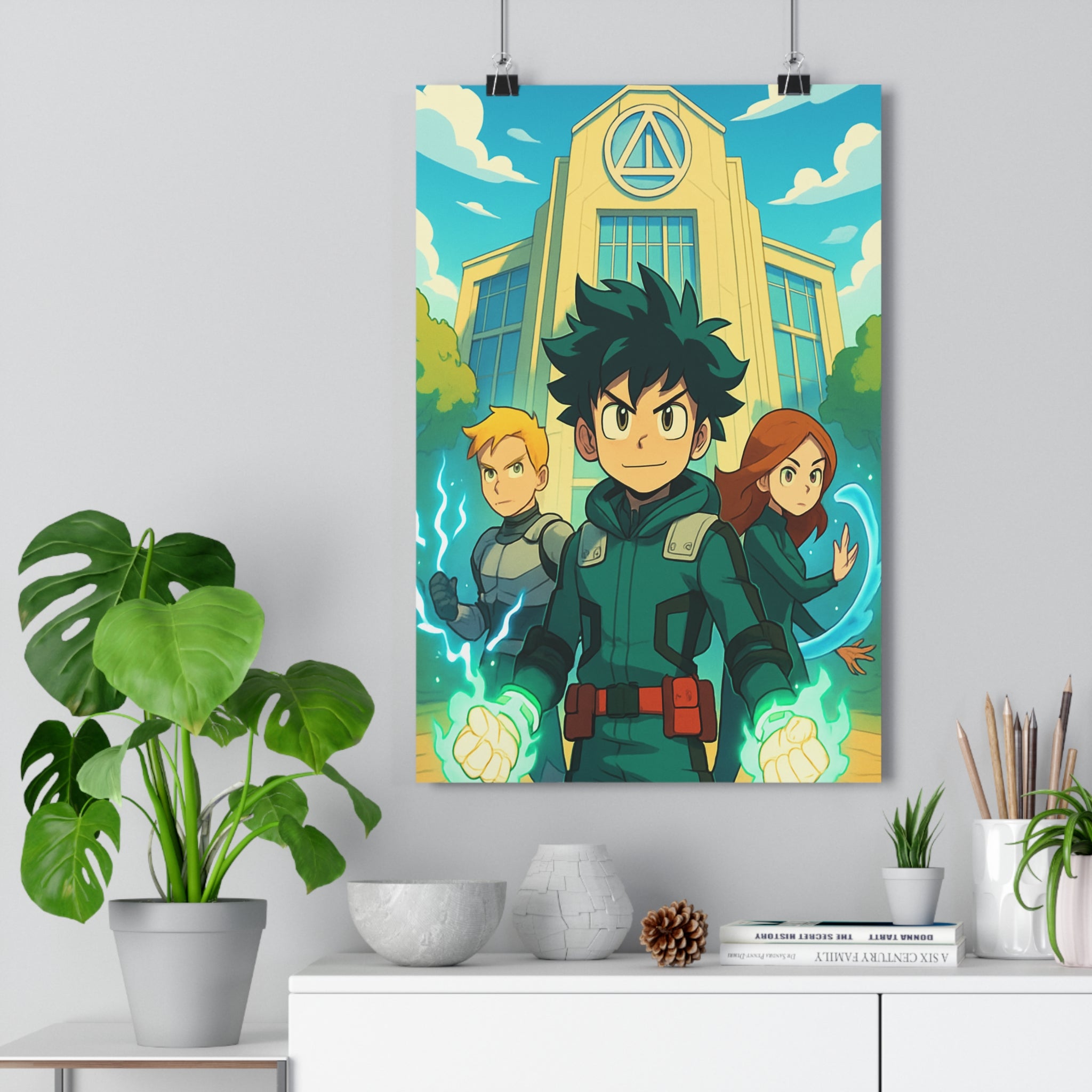 Poster décoratif fantastique vert bleu chambre enfant aventure héros énergie lumineux style vibrant qualité