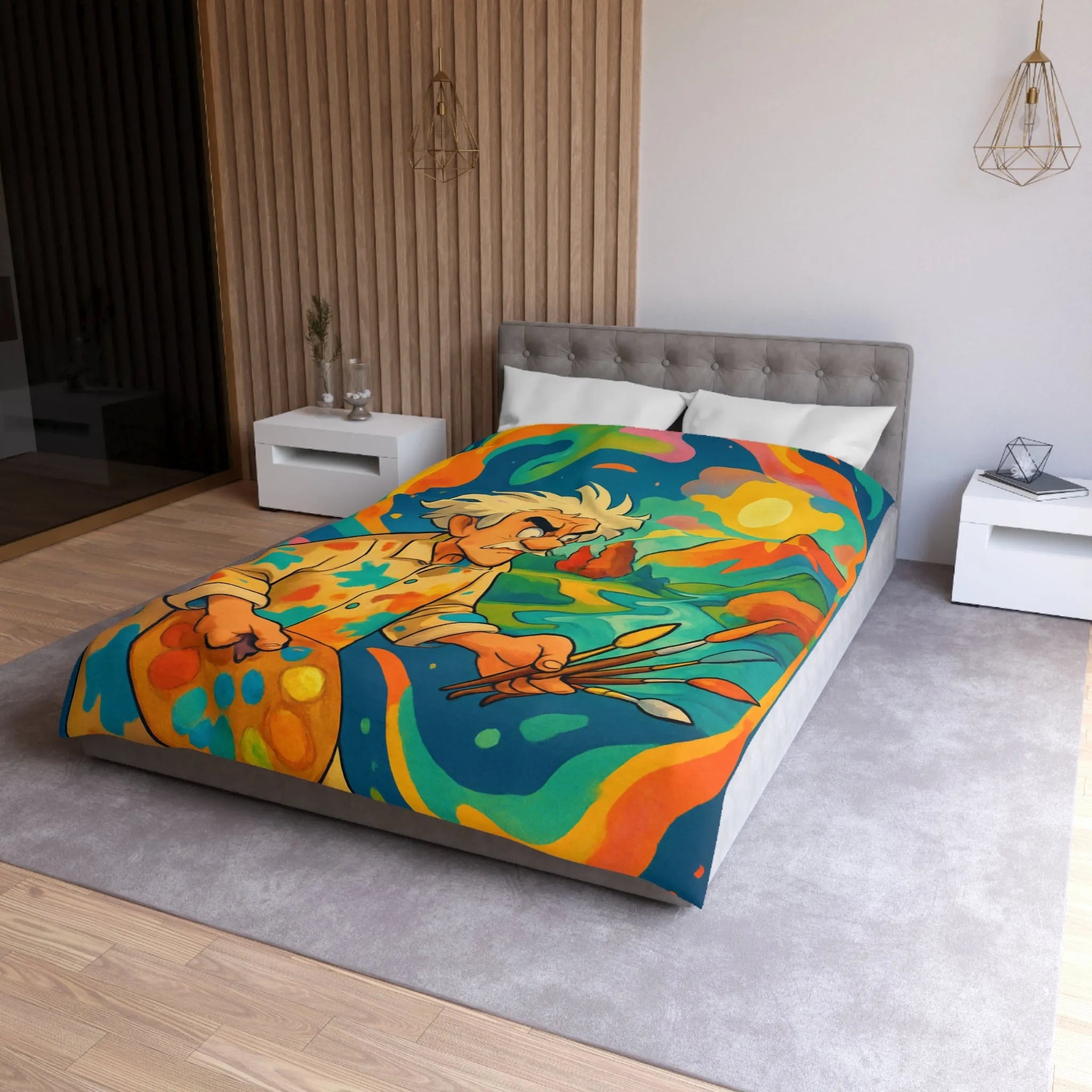 Housse de couette artistique avec peintre et paysage vibrant aux couleurs éclatantes