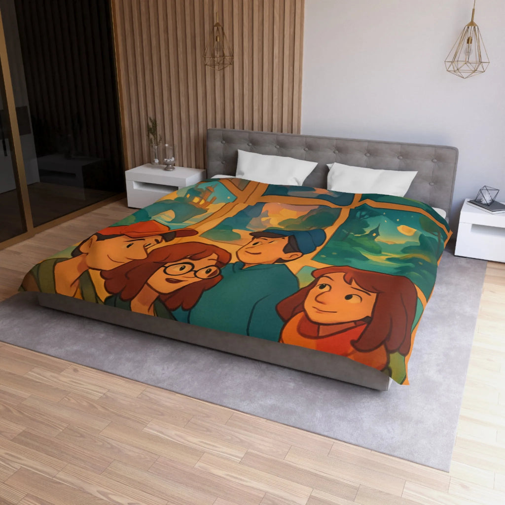 Housse de couette colorée avec paysages enchanteurs et personnages stylisés en exposition artistique