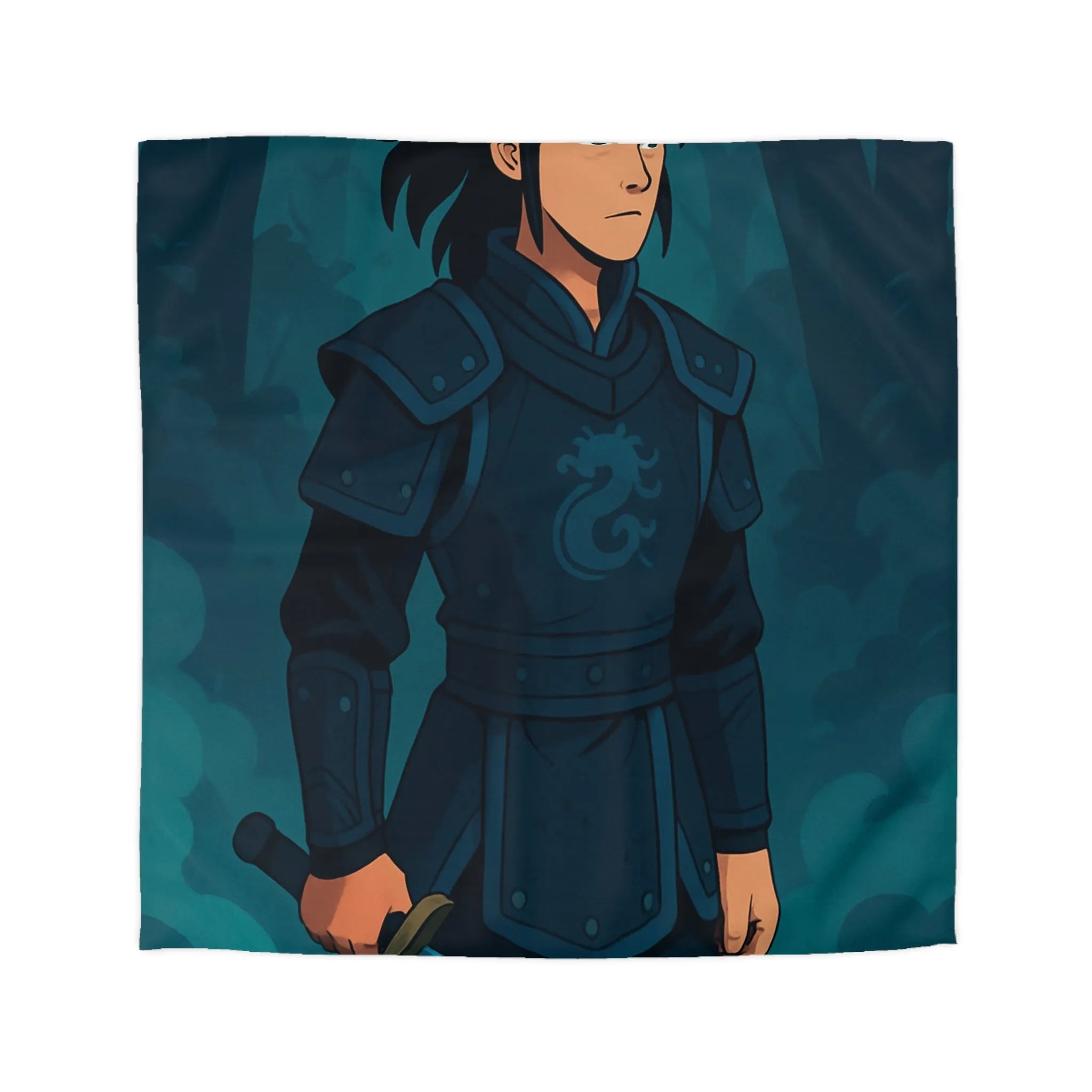 Housse de couette avec illustration guerrier en armure et épée dans la forêt magique