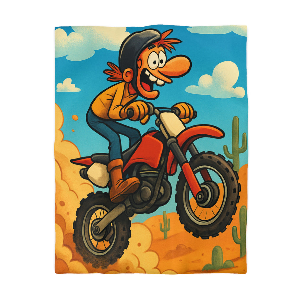 Motard animé sur motocross sautant à travers désert coloré avec cactus et nuages