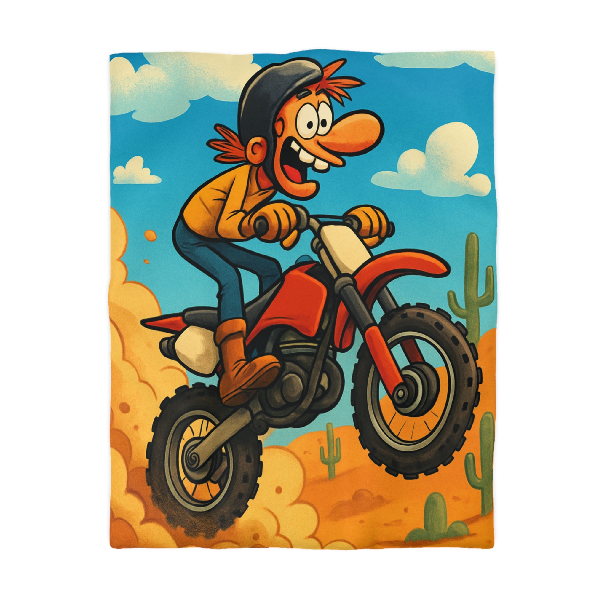 Motard animé sur motocross sautant à travers désert coloré avec cactus et nuages