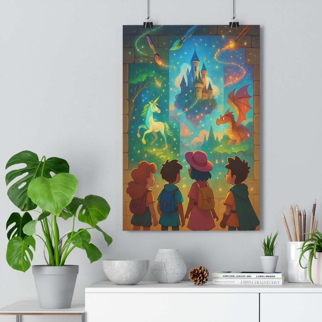 Poster décoratif art fantastique château magique créatures multicolore mystique salon chambre unique fascinant qualité