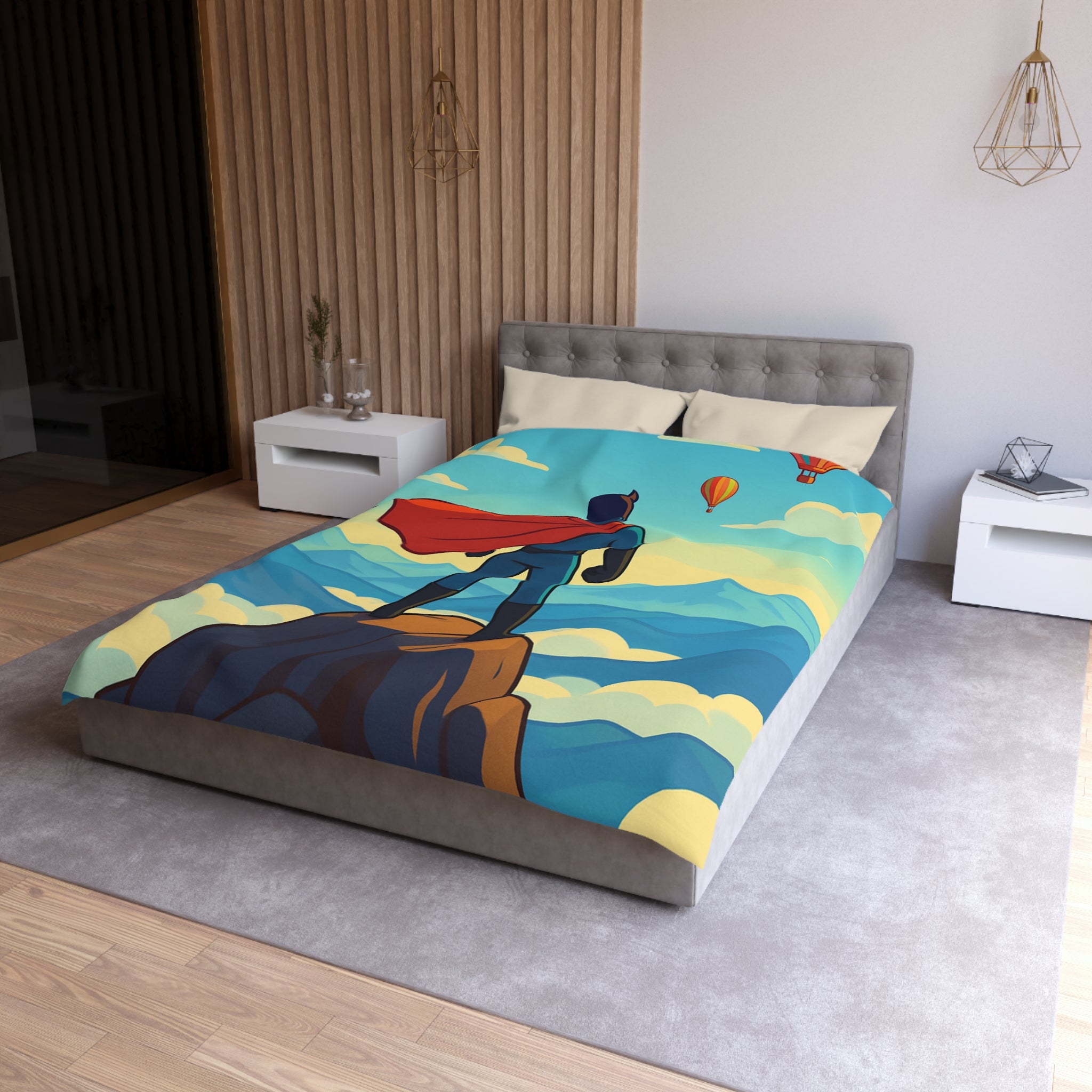 Housse de couette super-héros face montagne montgolfières colorées ciel bleu rêve