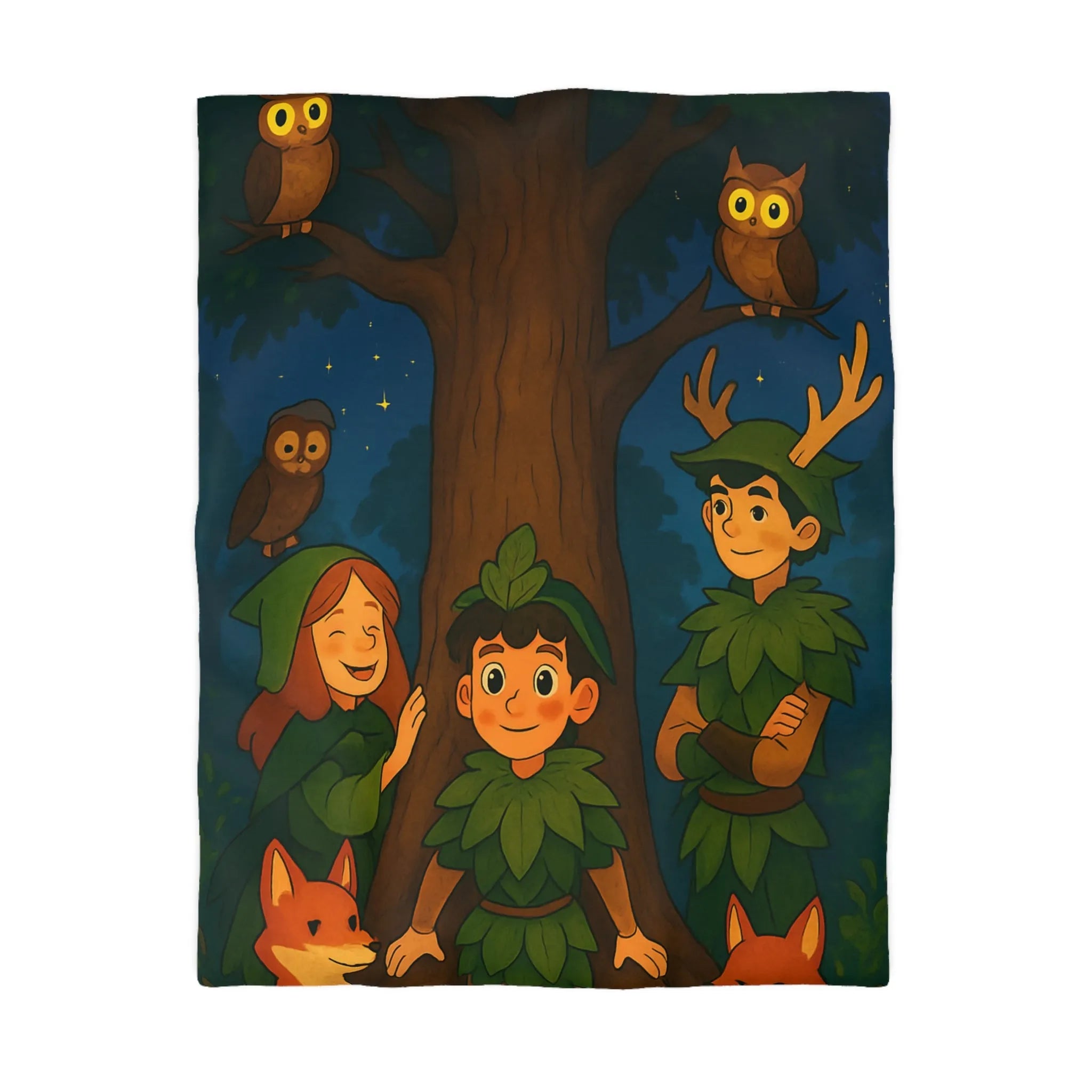 Housse de Couette Forêt Enchantée avec Animaux, Arbre et Enfants en Tenues Végétales