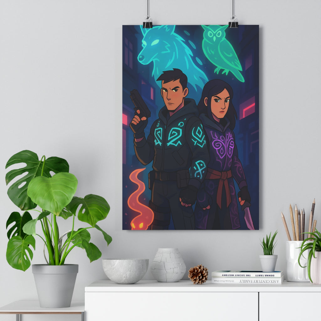 Poster décoratif mystique néon sombre personnage action loup hibou chambre salon moderne ambiance qualité