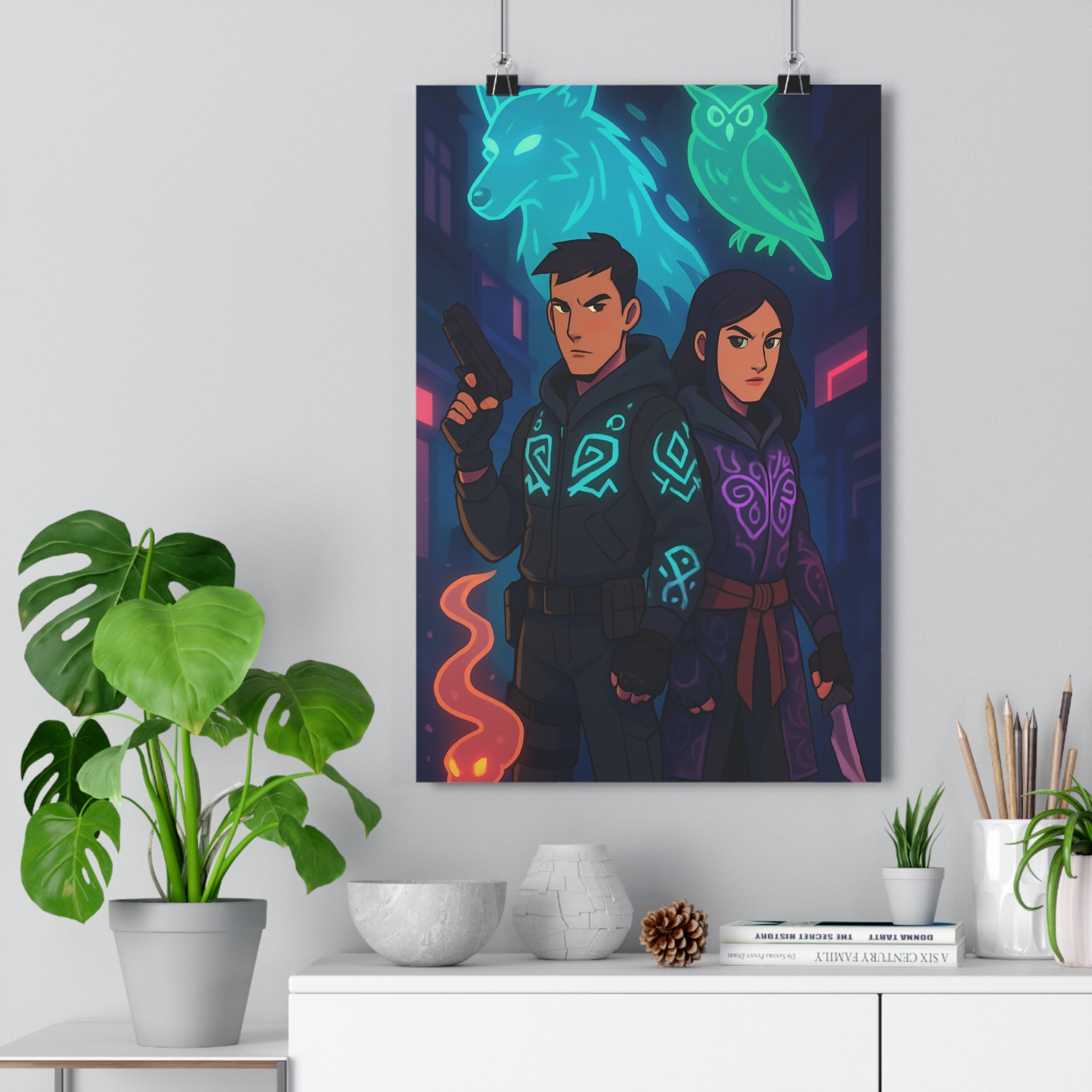 Poster décoratif mystique néon sombre personnage action loup hibou chambre salon moderne ambiance qualité