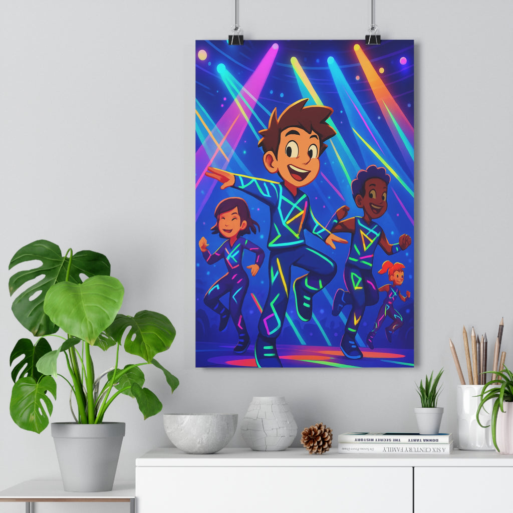 Poster décoratif animé néon bleu rose jaune dynamique chambre salon joyeux moderne aventure enfants