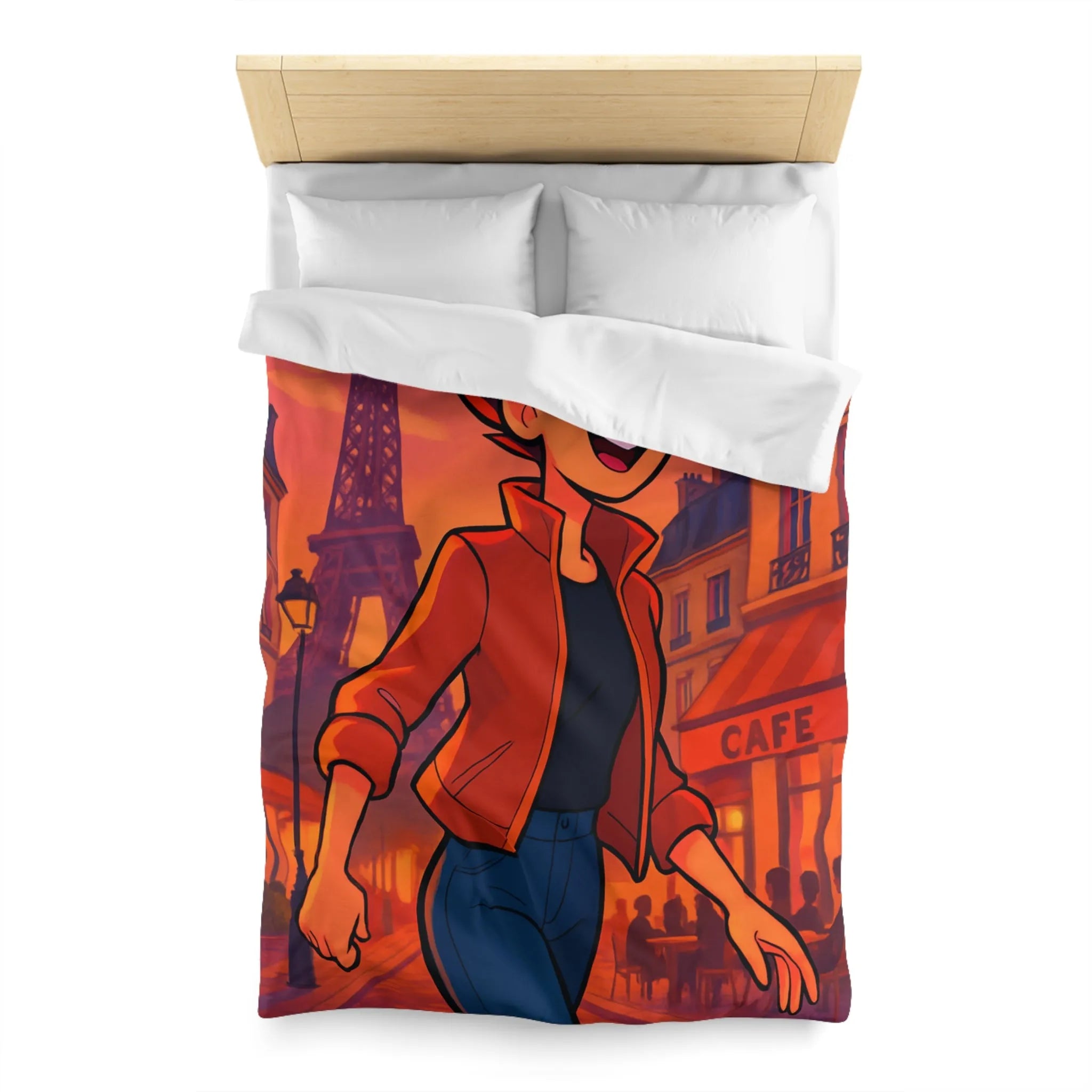 Housse de couette colorée avec illustration parisienne animée d'une silhouette joyeuse