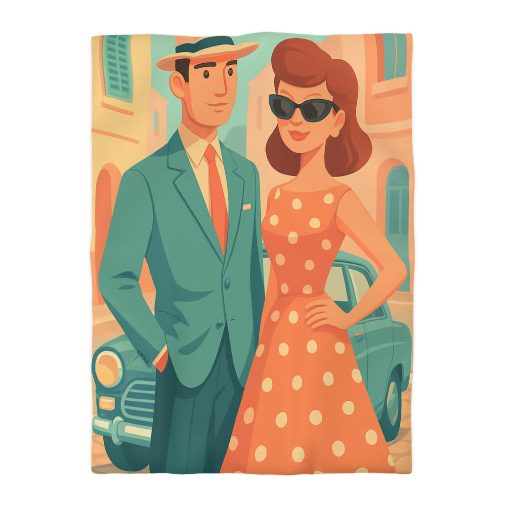 Housse de couette vintage rétro avec couple élégant en habits années 50 chic