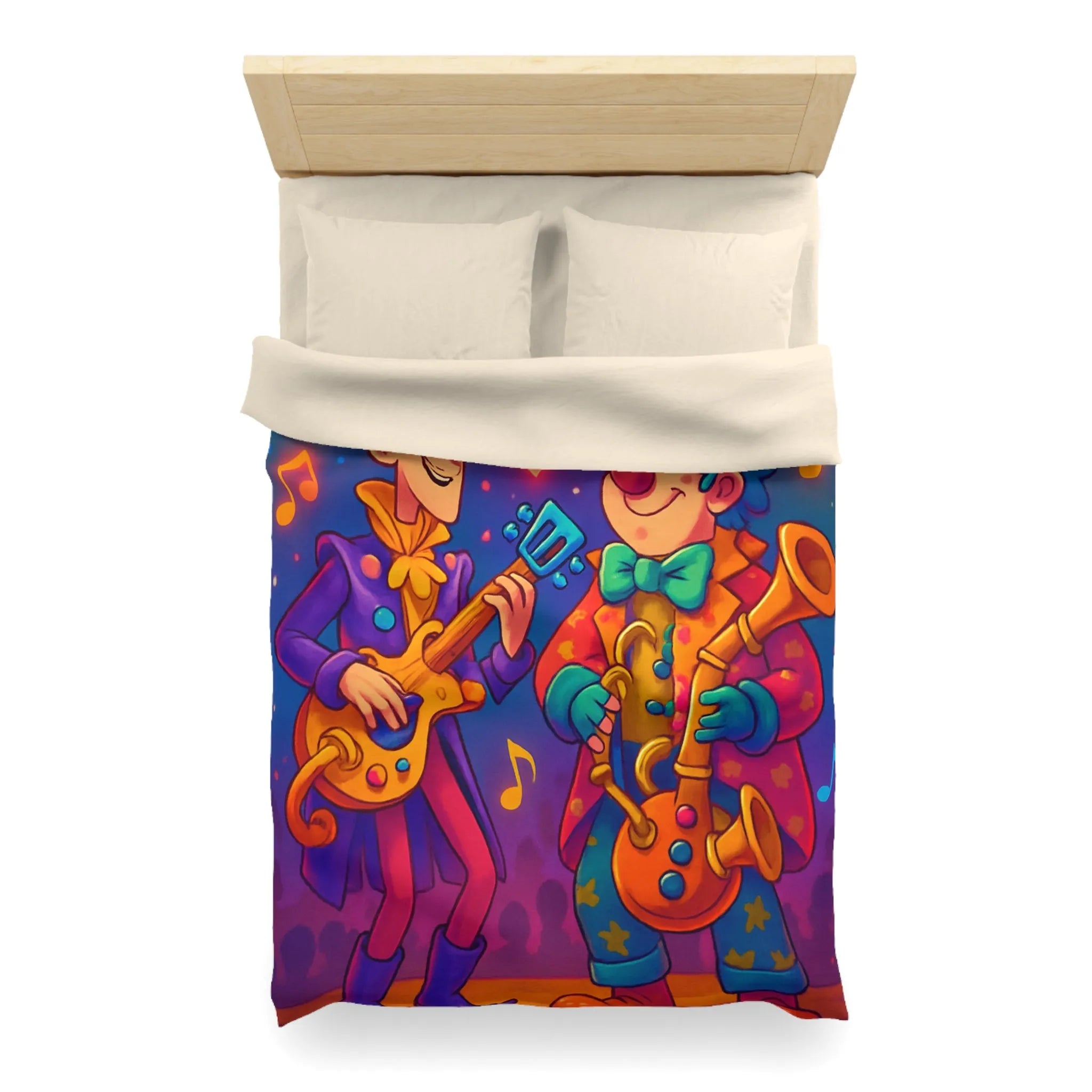 Housse de couette colorée avec musiciens joyeux jouant guitare et saxophone sous projecteurs