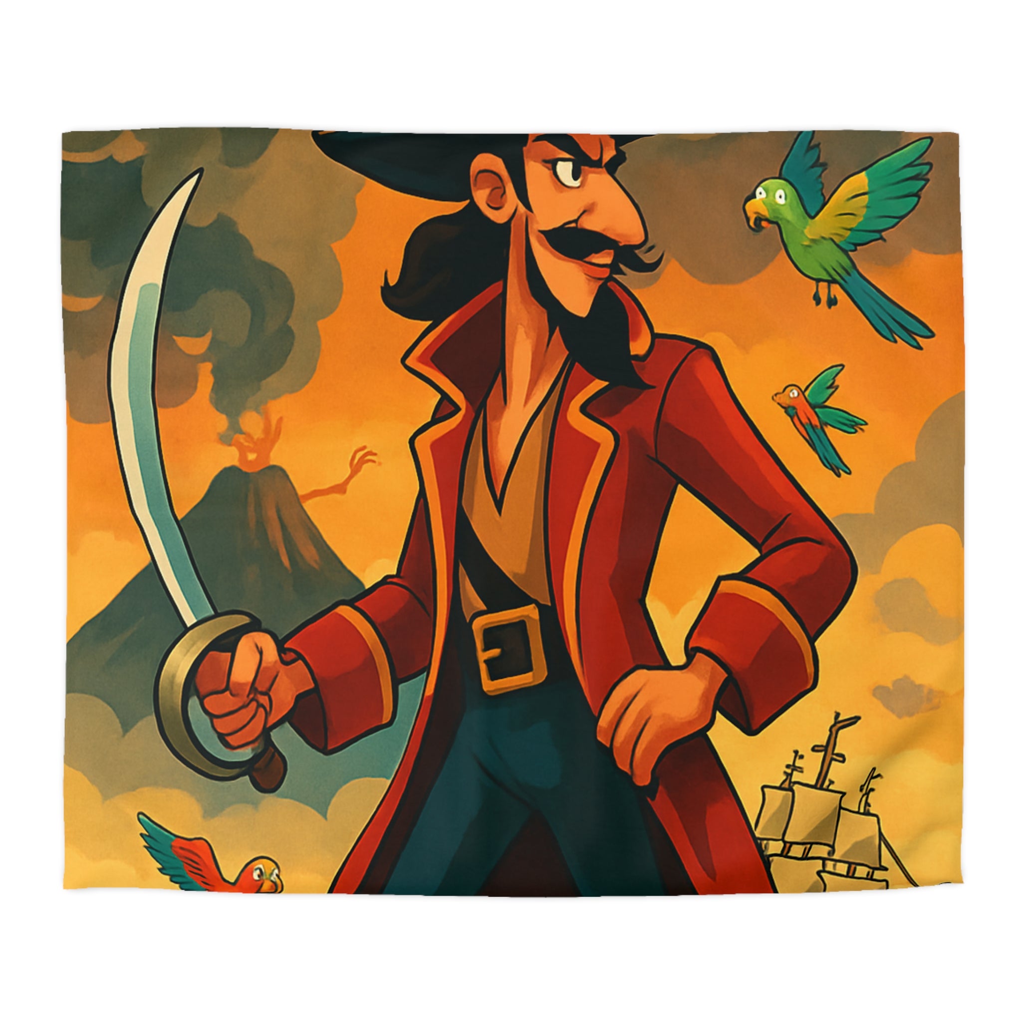 Housse de couette pirate vibrante avec perroquets colorés, volcan actif et bateau en mer
