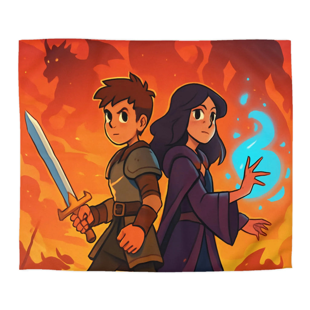 Housse de couette épique, jeunes aventuriers et dragons incandescents en fantaisie captivante