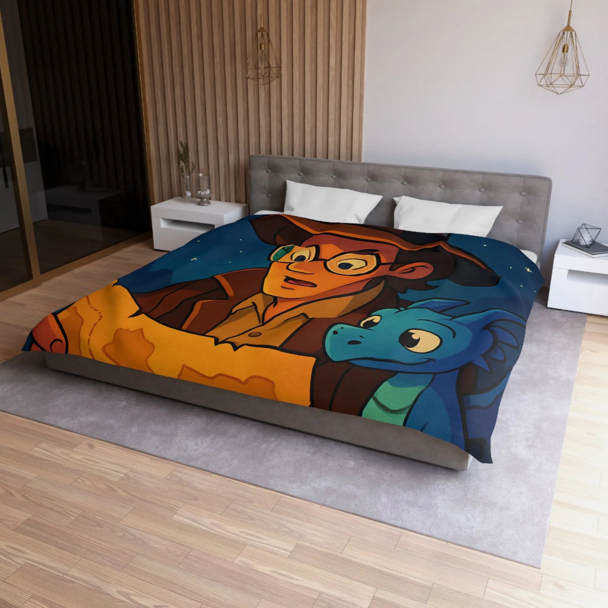 Aventure nocturne avec explorateur et dragon bleu sous planètes mystiques sur fond étoilé