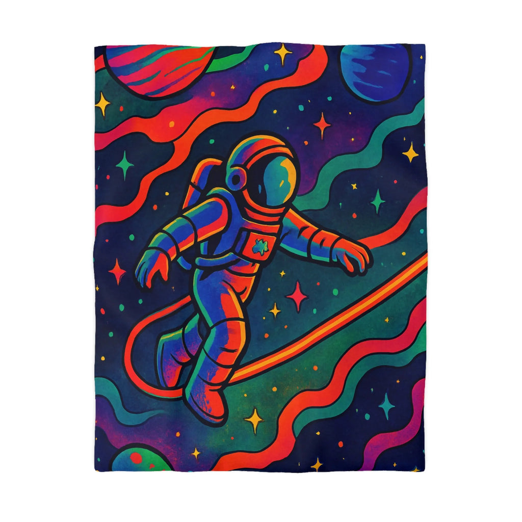 Housse de couette astronaute flottant dans un cosmos aux couleurs psychédéliques vibrantes