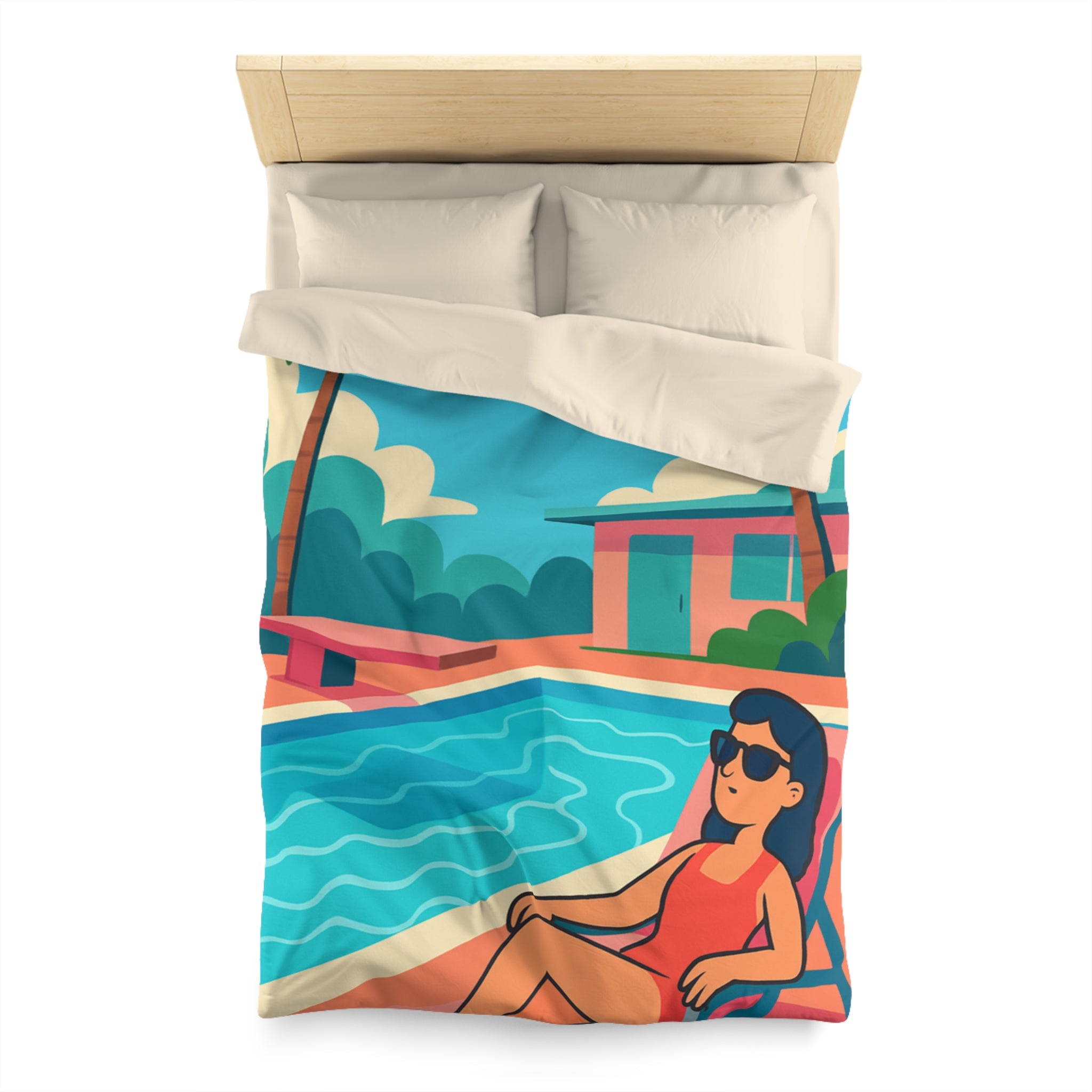 Vibrante housse de couette avec illustration de piscine et palmiers ambiance tropicale