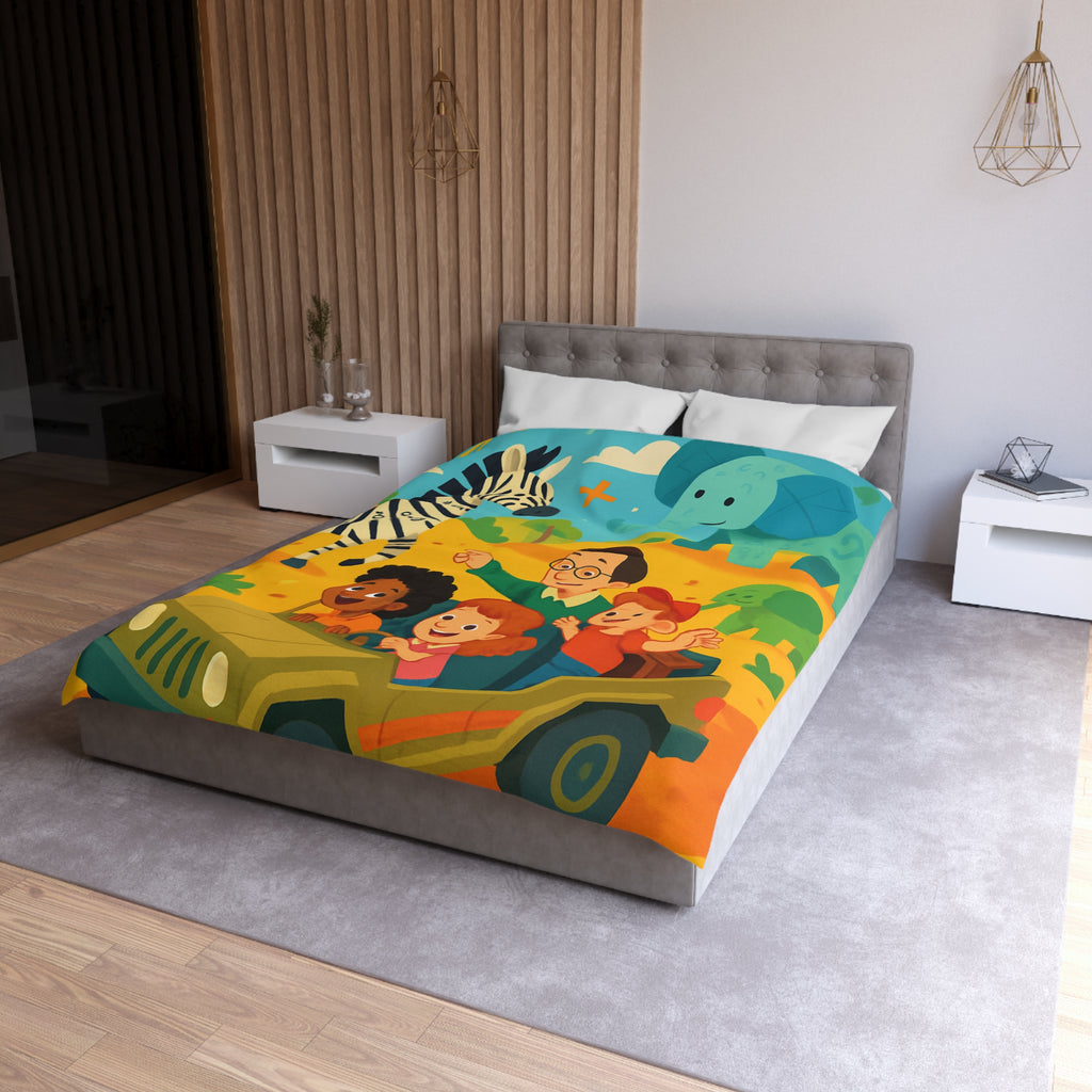 Housse de Couette Safari Éducatif avec Animaux Colorés et Enfants en Aventure