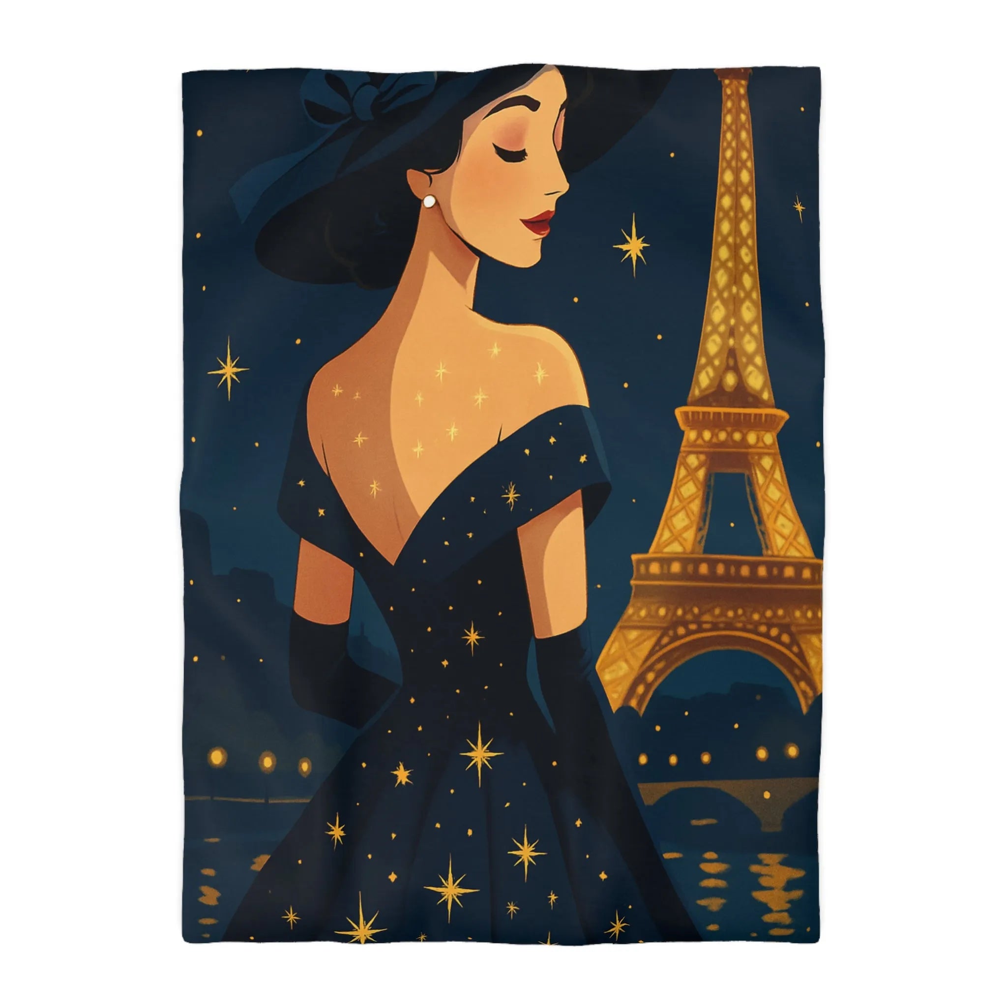 Élégante illustration nocturne femme en robe étoilée avec Tour Eiffel lumineuse