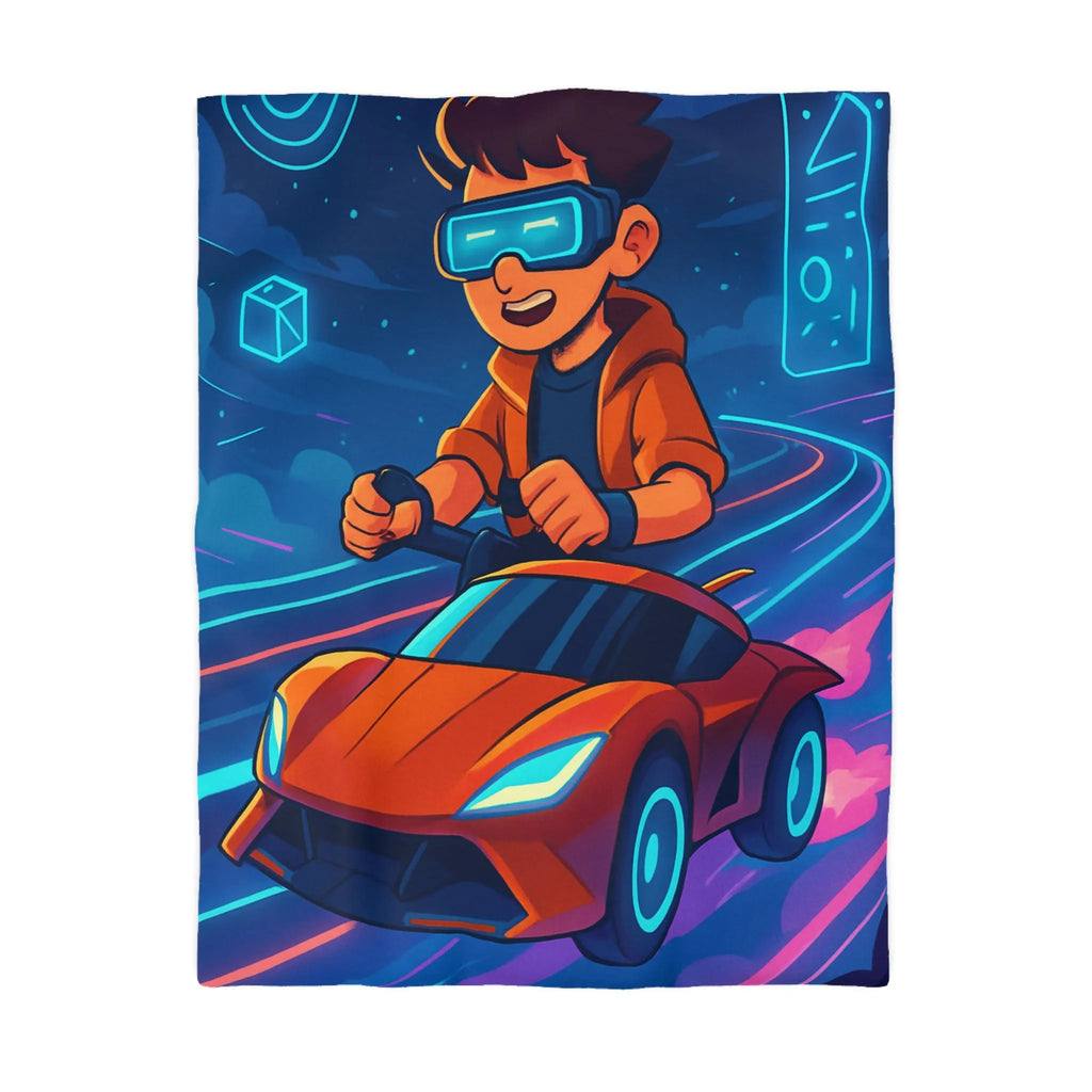 Housse de couette aventure virtuelle : joueur futuriste avec voiture de course dynamique et colorée