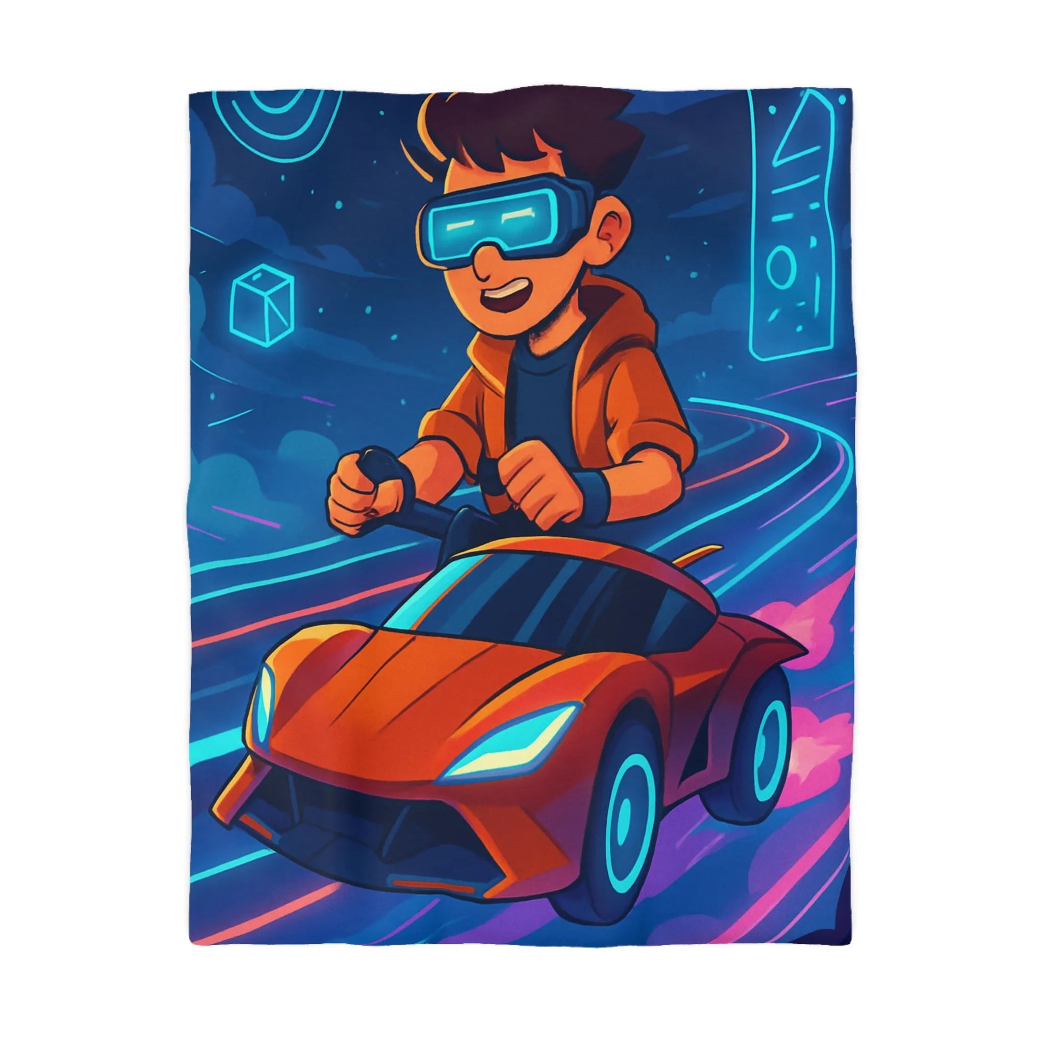 Housse de couette aventure virtuelle : joueur futuriste avec voiture de course dynamique et colorée