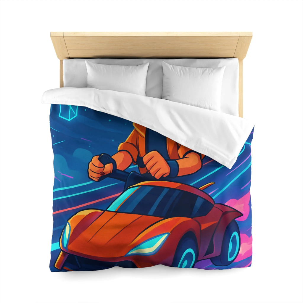 Housse de couette aventure virtuelle : joueur futuriste avec voiture de course dynamique et colorée