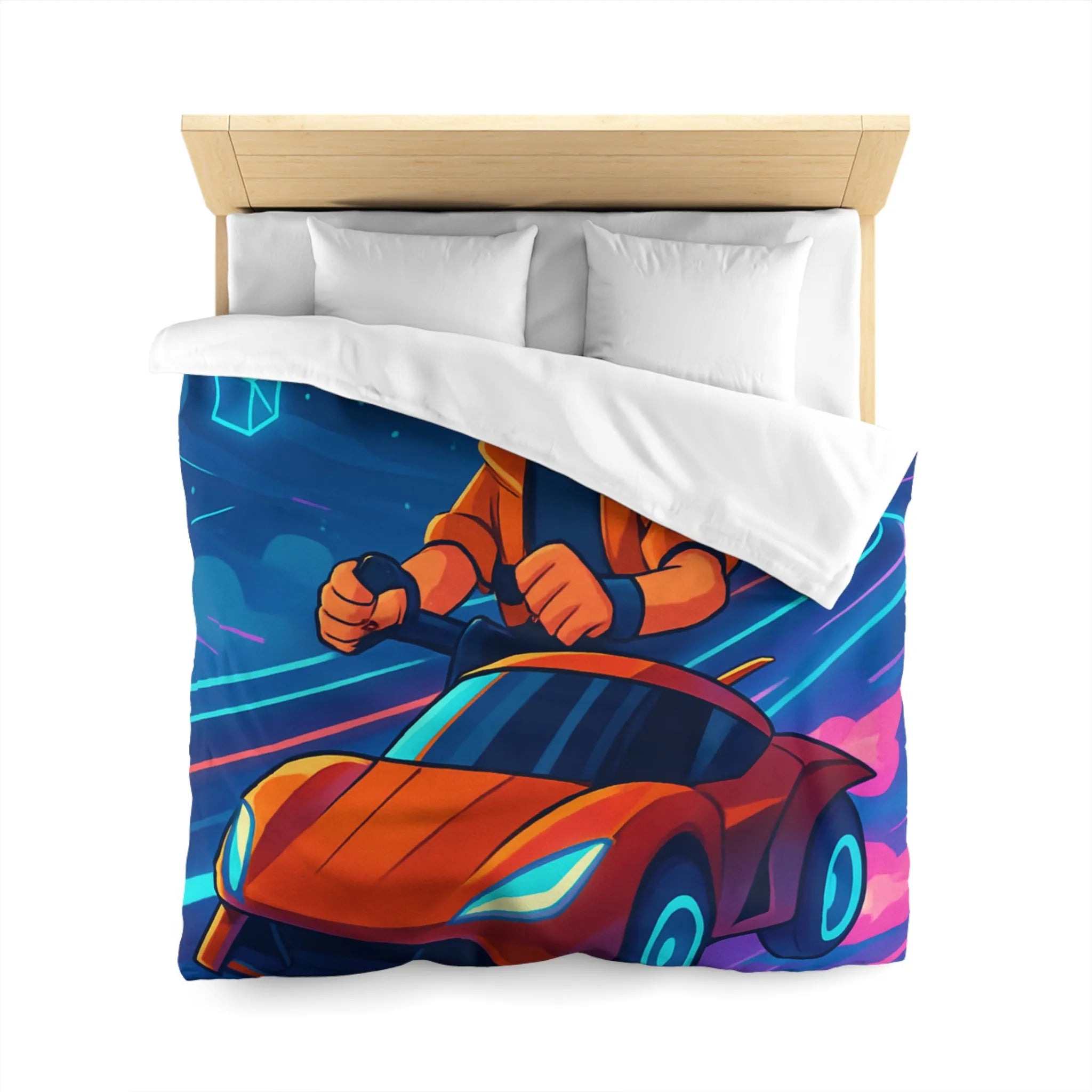Housse de couette aventure virtuelle : joueur futuriste avec voiture de course dynamique et colorée