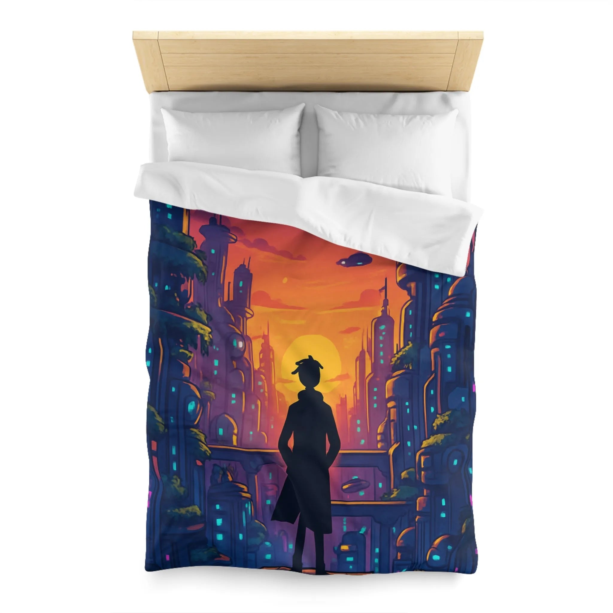 Housse de Couette Futuriste avec Paysage Urbain et Ciel Étoilé Orange et Bleu