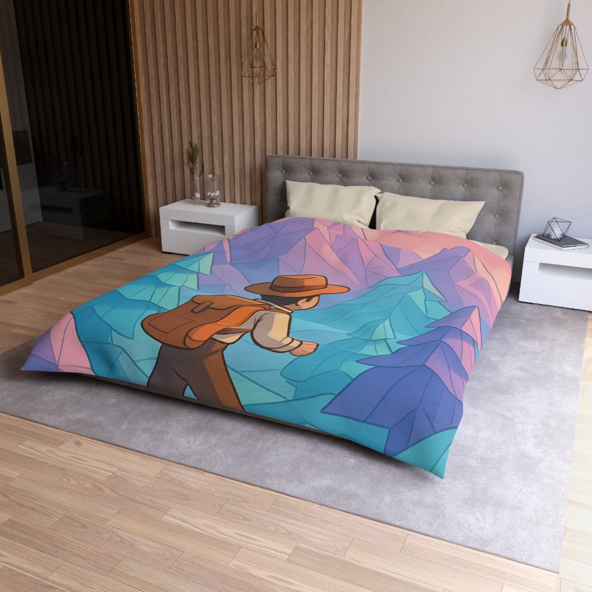 Housse de couette paysage montagnard pastel avec randonneur et oiseaux en origami