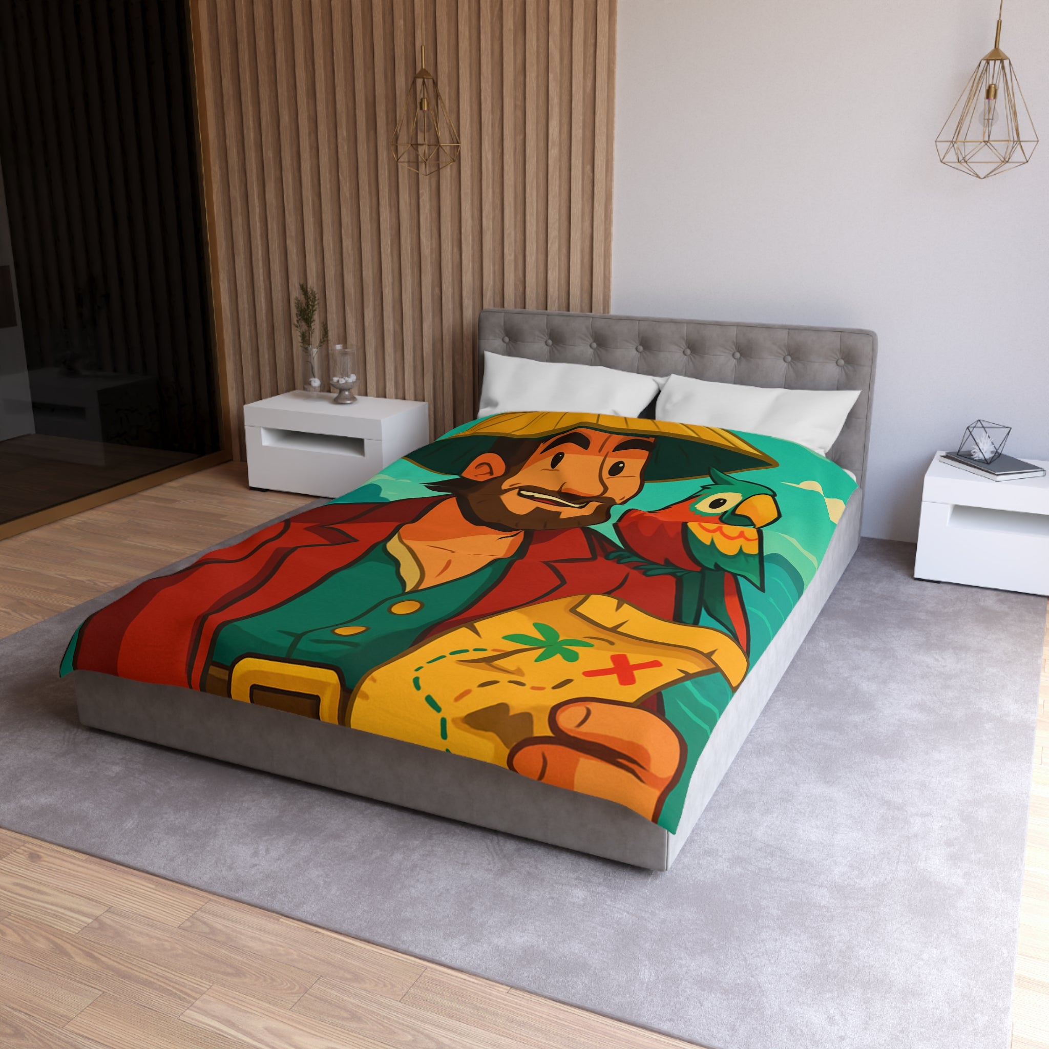 Housse de couette pirate aventurier avec perroquet coloré et carte au trésor illustrée