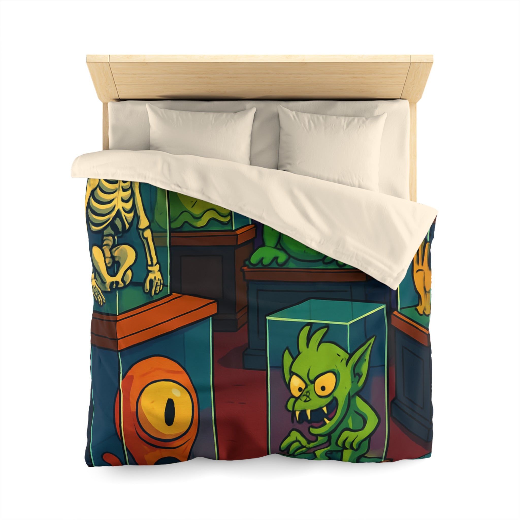 Housse de couette pour enfant avec monstres comiques dans un musée fantaisiste et coloré