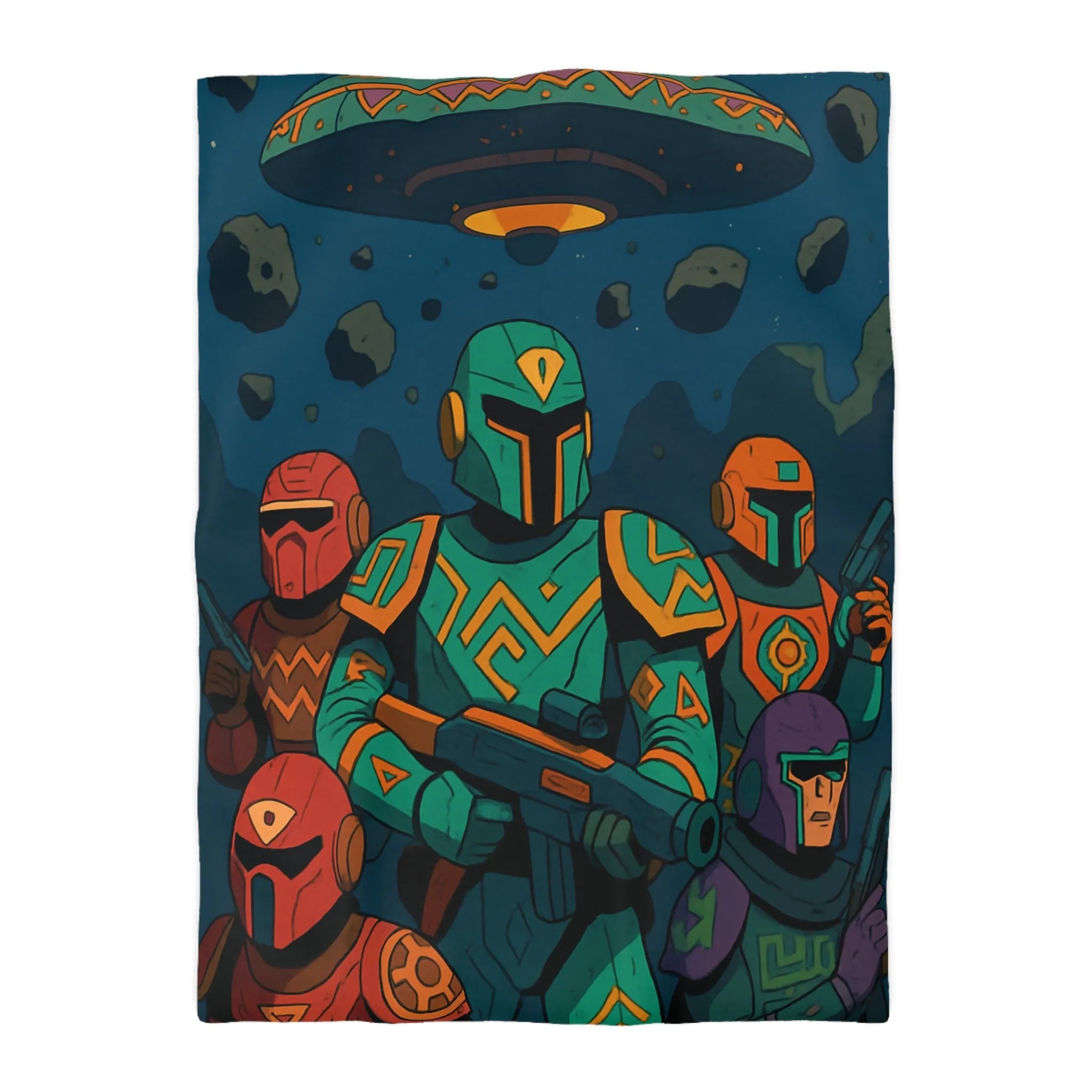 Housse de couette avec motifs futuristes colorés inspirés de guerriers et OVNI